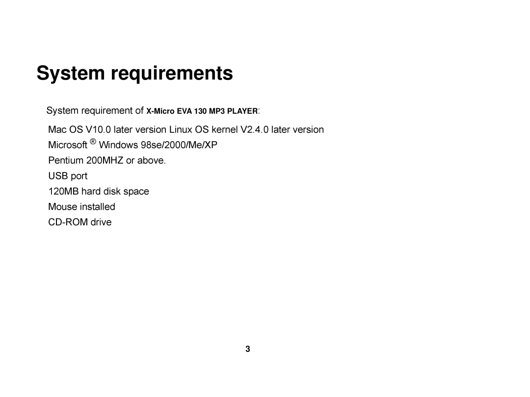 X-Micro Tech EVA 130 user manual System requirements 