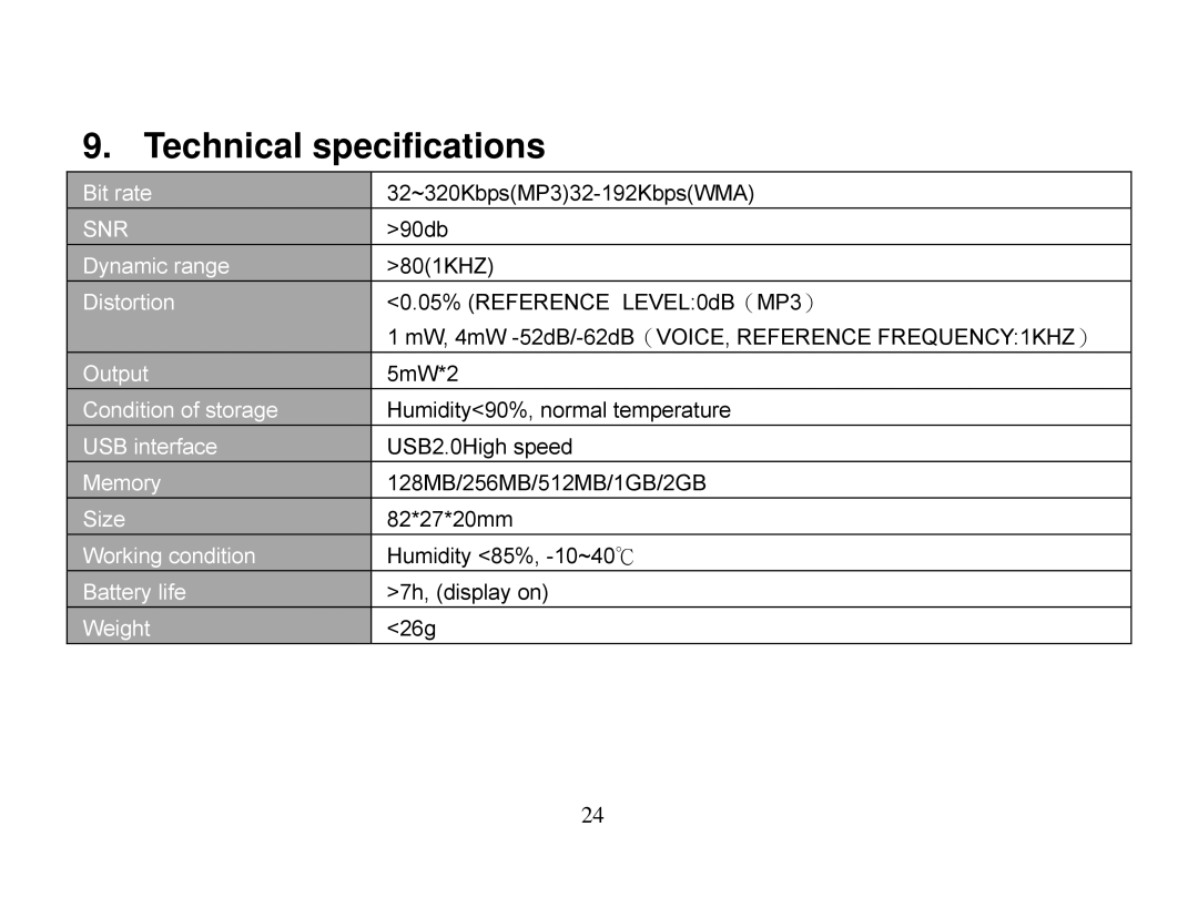 X-Micro Tech EVA 310 user manual Technical specifications, Snr 