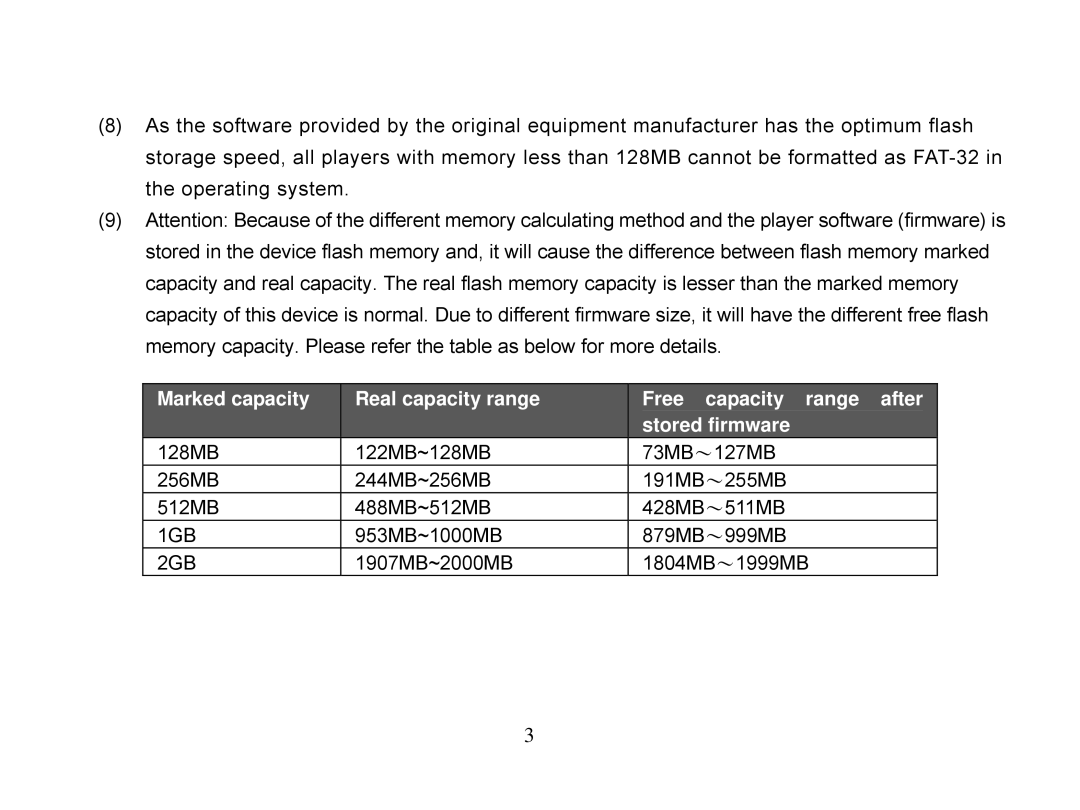 X-Micro Tech EVA 310 user manual Marked capacity Real capacity range 