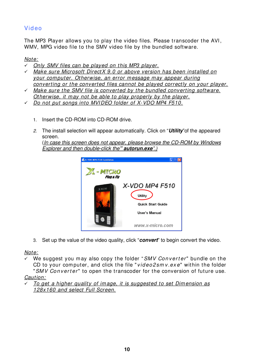 X-Micro Tech F510 user manual Video, Only SMV files can be played on this MP3 player 