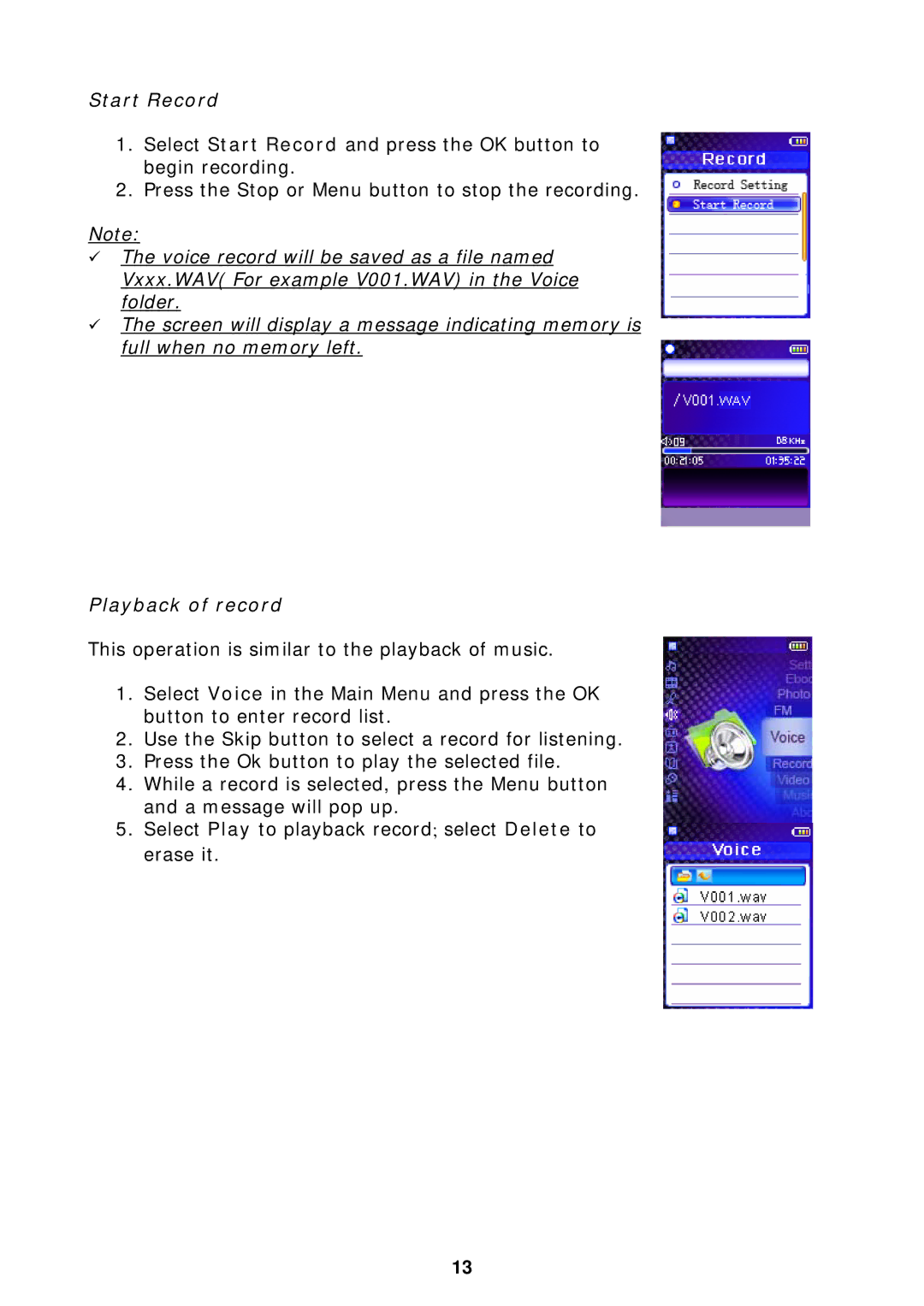 X-Micro Tech F510 user manual Start Record, Playback of record 