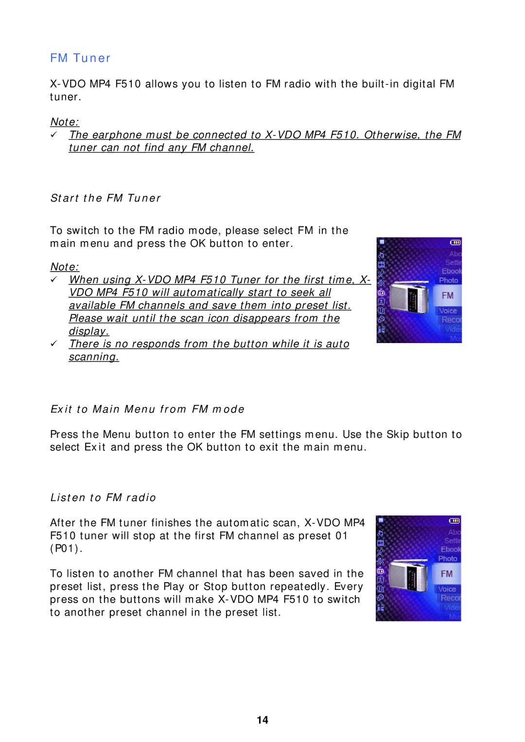 X-Micro Tech F510 user manual Start the FM Tuner, Exit to Main Menu from FM mode, Listen to FM radio 