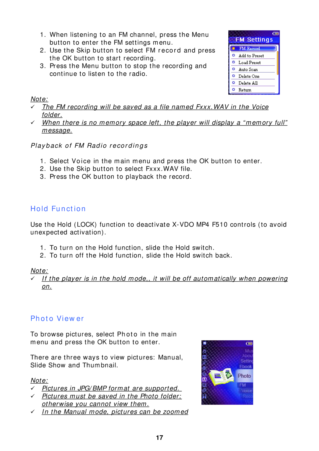 X-Micro Tech F510 user manual Hold Function, Photo Viewer, Playback of FM Radio recordings 