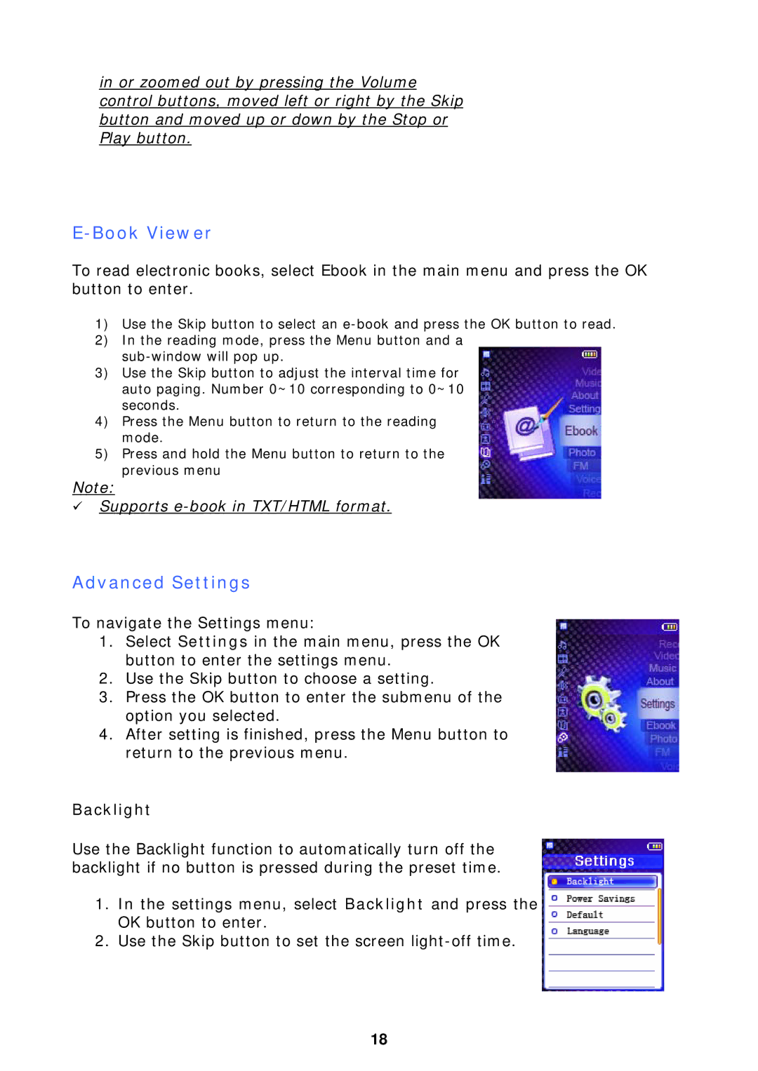 X-Micro Tech F510 user manual Book Viewer, Advanced Settings, Backlight 