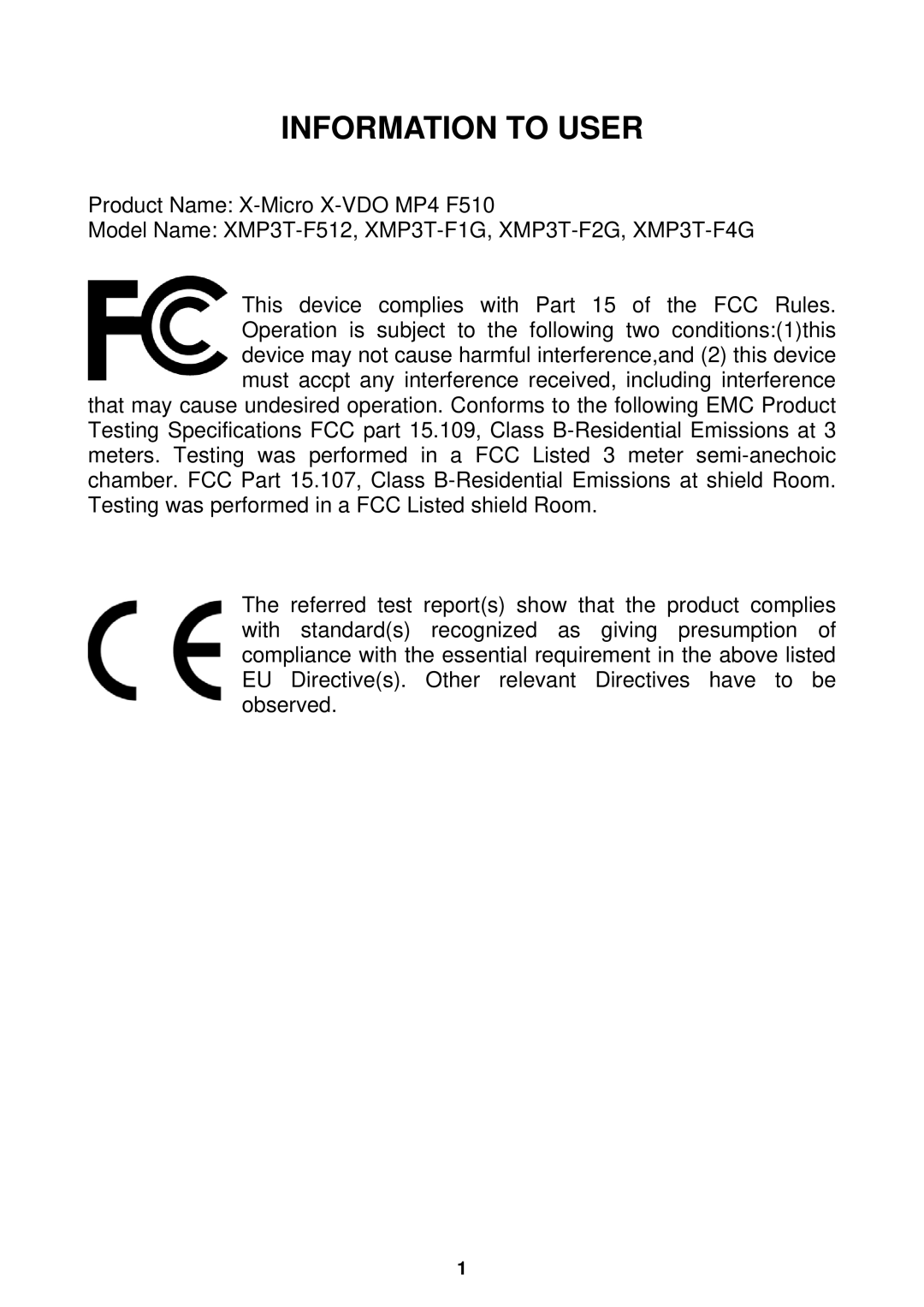 X-Micro Tech F510 user manual Information to User 