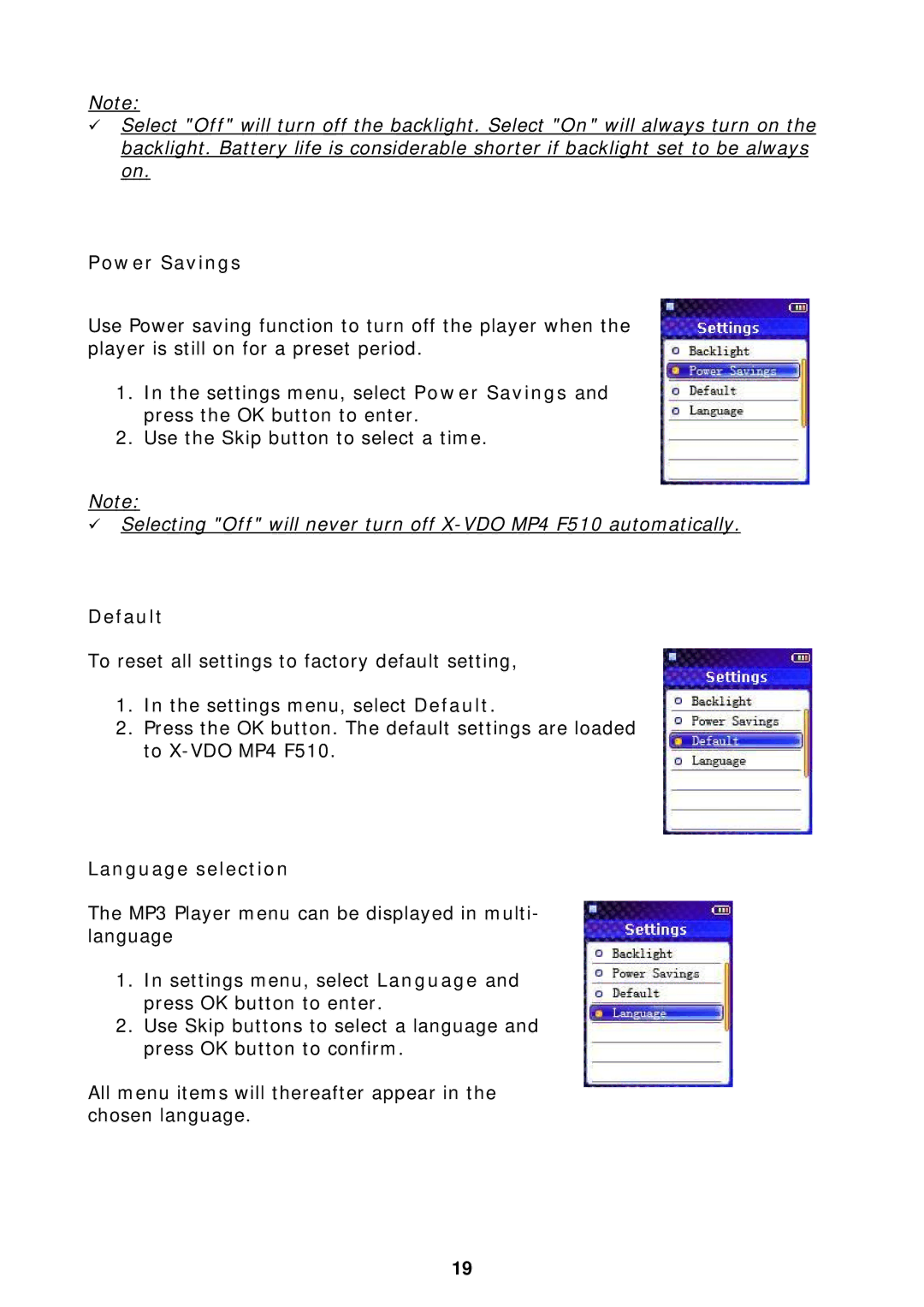 X-Micro Tech F510 user manual Power Savings, Default, Language selection 