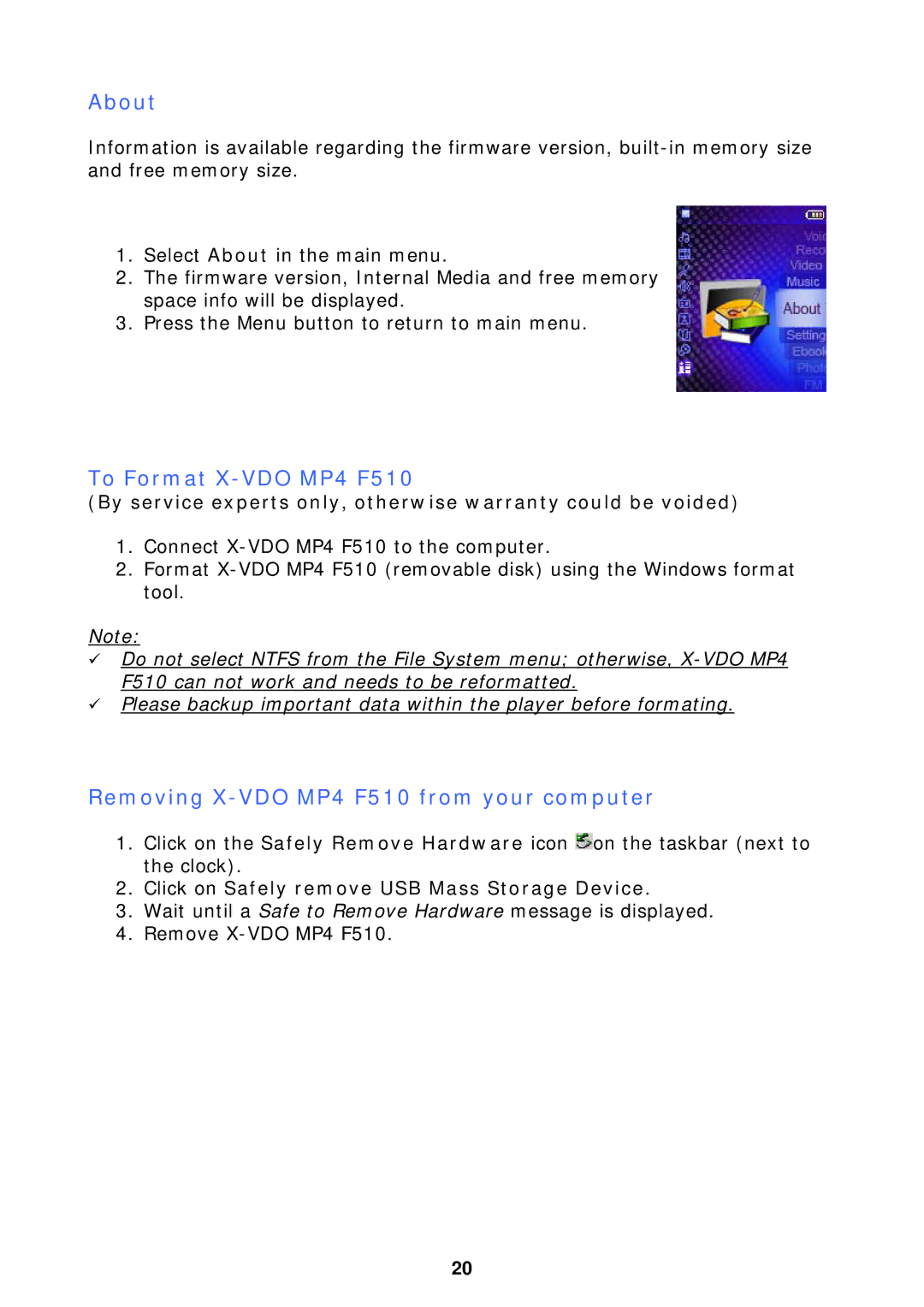 X-Micro Tech user manual About, To Format X-VDO MP4 F510, Removing X-VDO MP4 F510 from your computer 