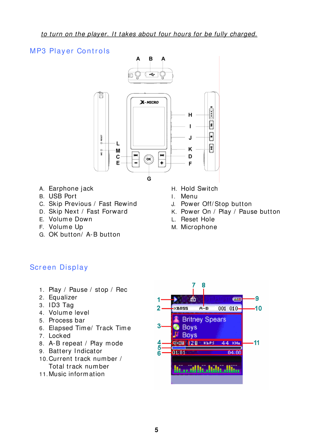 X-Micro Tech F510 user manual MP3 Player Controls, Screen Display 