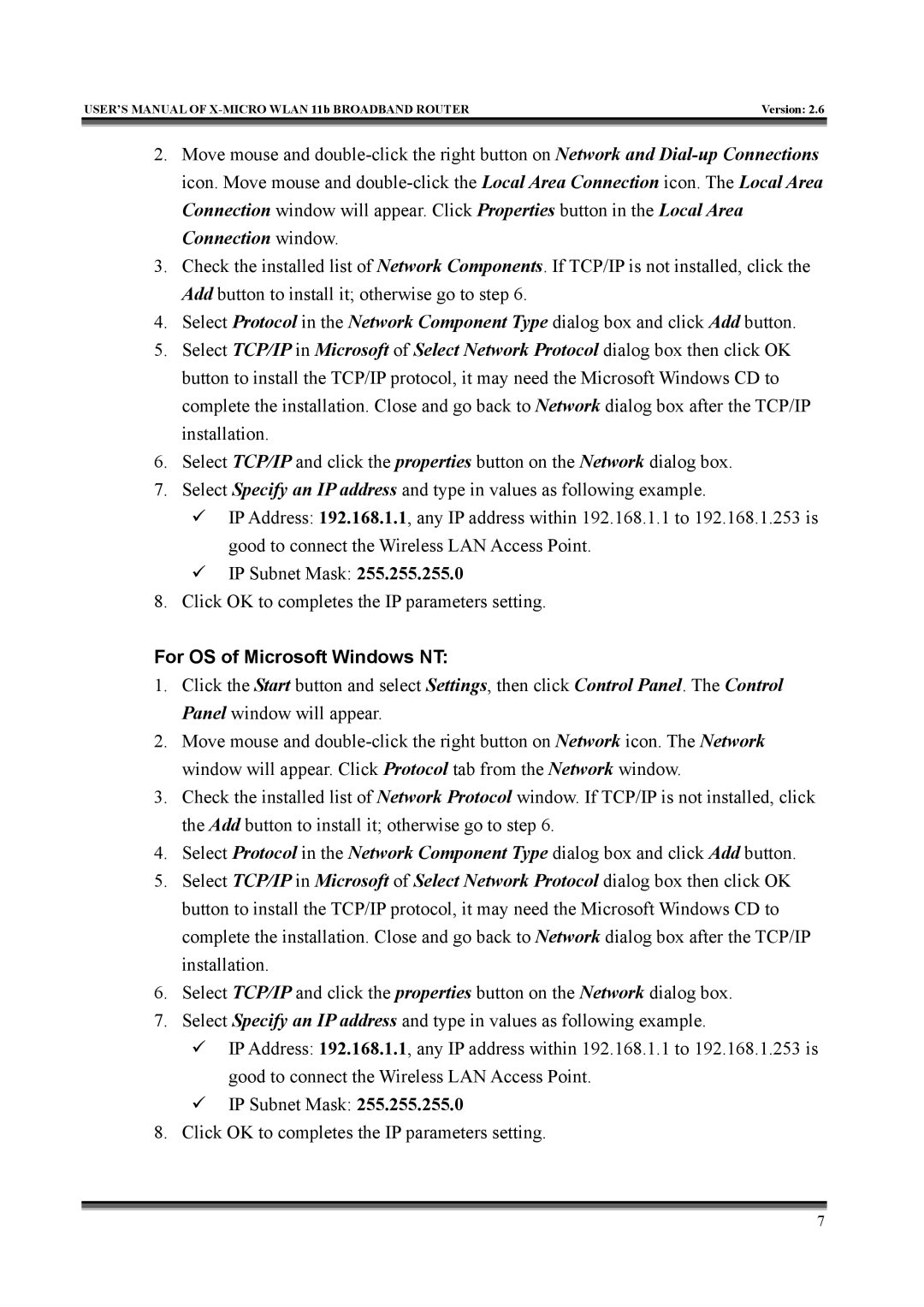 X-Micro Tech IEEE 802.11b user manual For OS of Microsoft Windows NT 