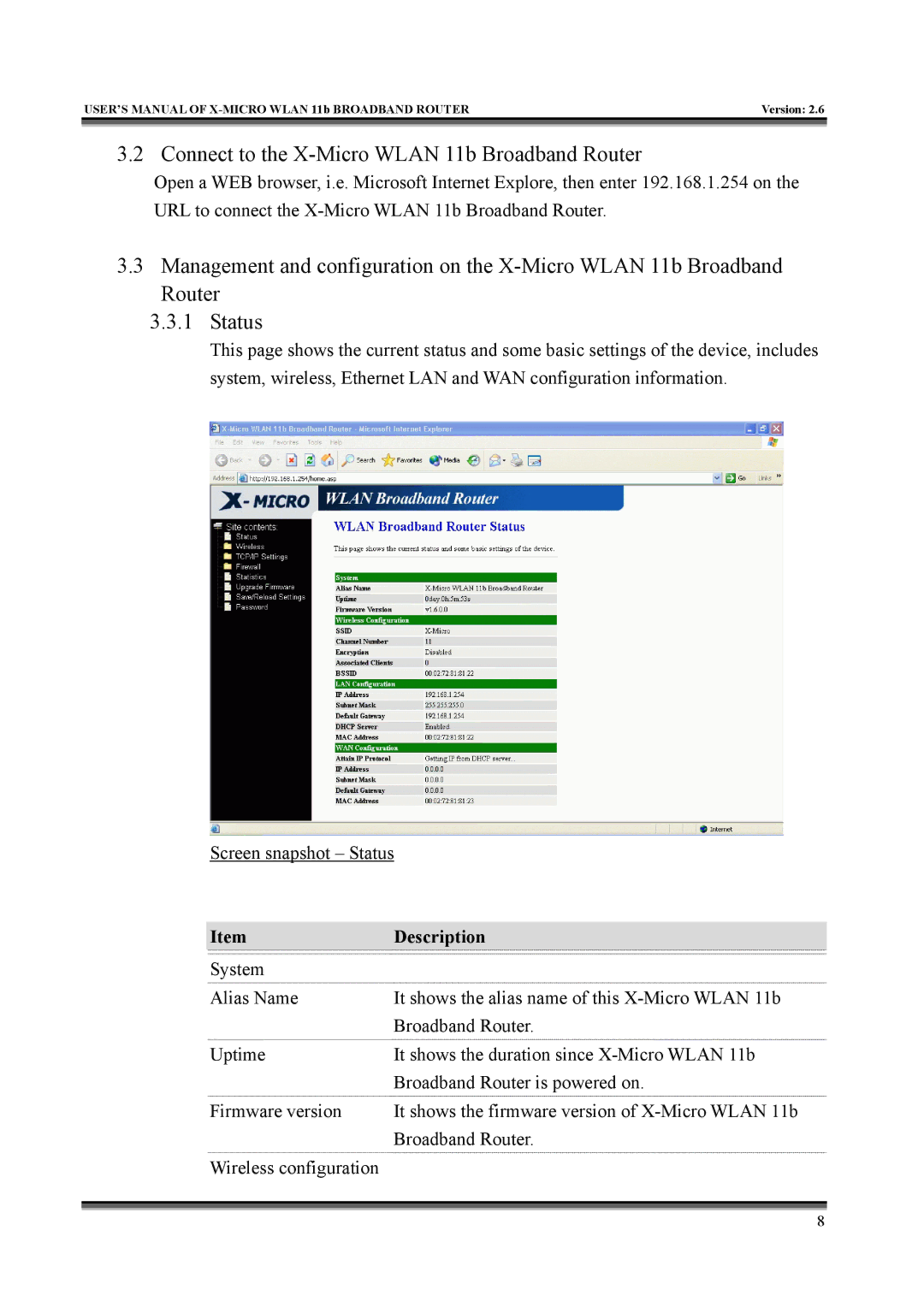 X-Micro Tech IEEE 802.11b user manual Connect to the X-Micro Wlan 11b Broadband Router, Description 