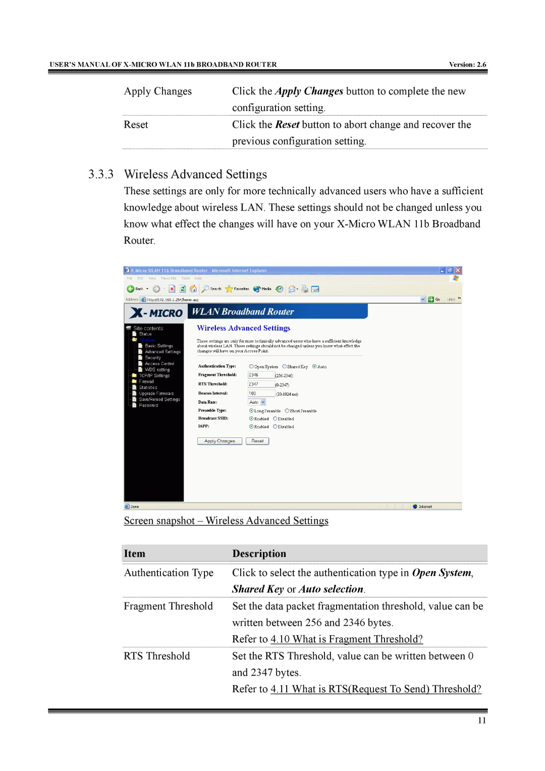 X-Micro Tech IEEE 802.11b user manual Wireless Advanced Settings, Shared Key or Auto selection 