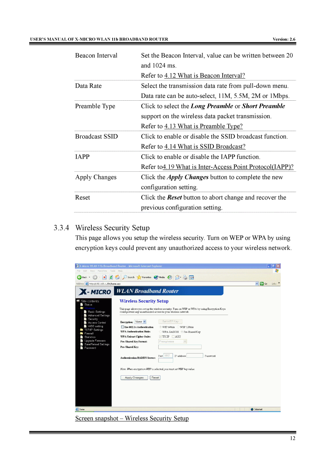 X-Micro Tech IEEE 802.11b user manual Wireless Security Setup, Click to select the Long Preamble or Short Preamble 