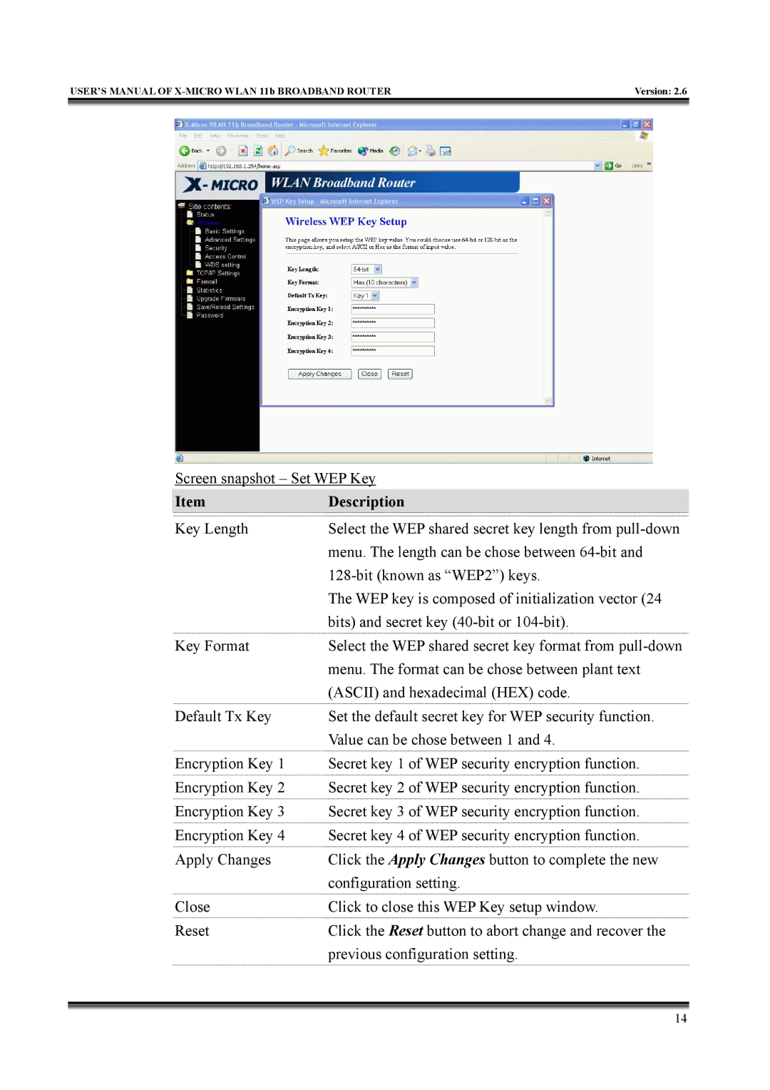 X-Micro Tech IEEE 802.11b user manual Screen snapshot Set WEP Key 