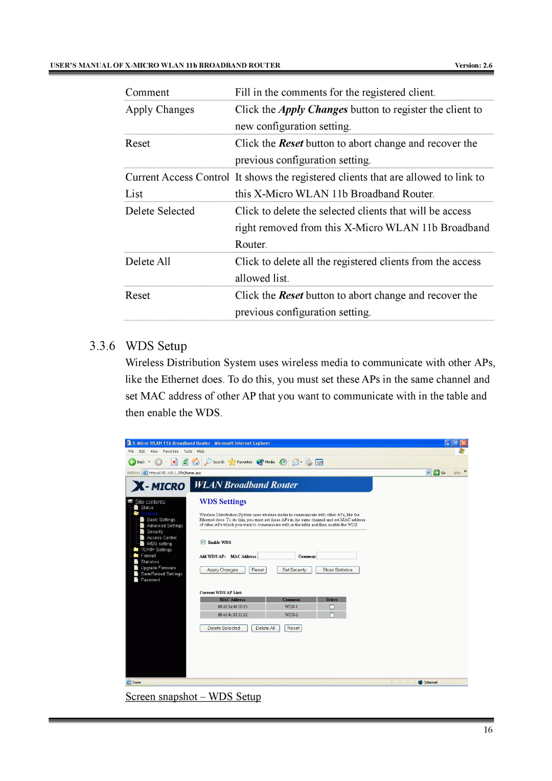 X-Micro Tech IEEE 802.11b user manual WDS Setup 