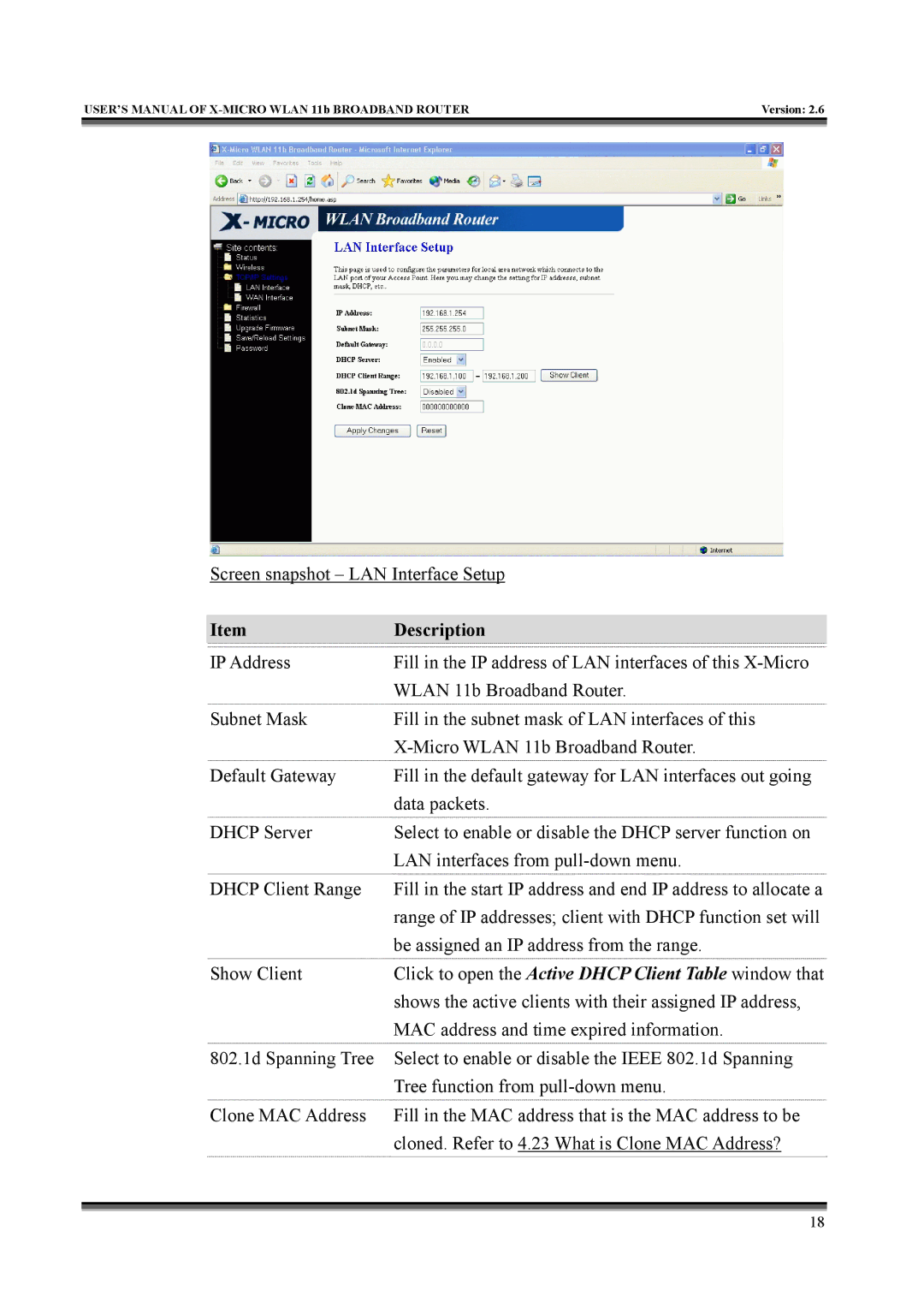 X-Micro Tech IEEE 802.11b user manual Screen snapshot LAN Interface Setup 