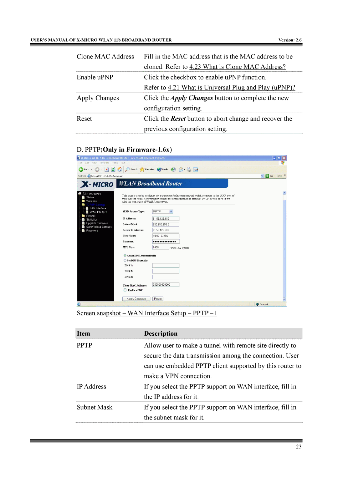 X-Micro Tech IEEE 802.11b user manual PPTPOnly in Firmware-1.6x 