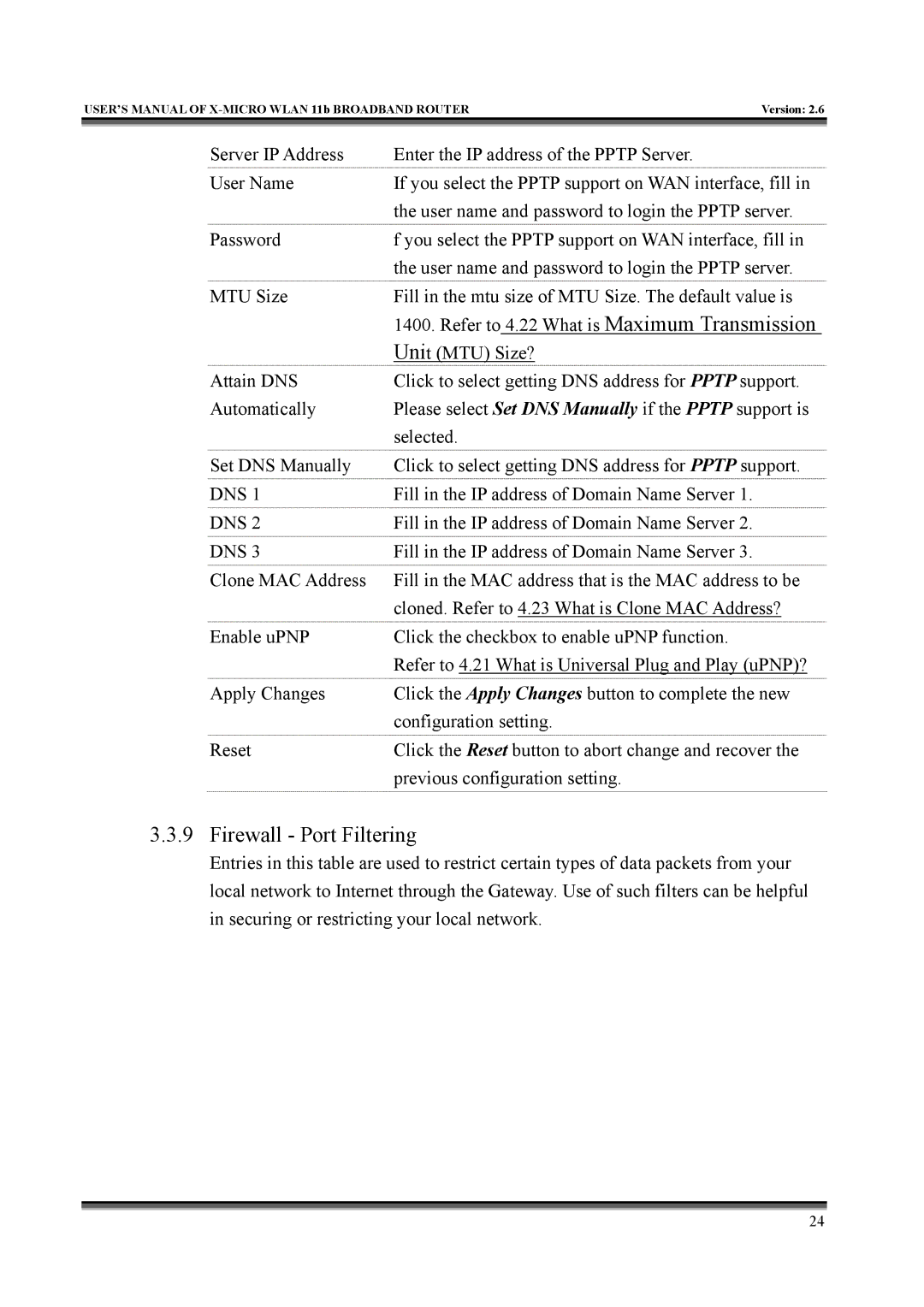 X-Micro Tech IEEE 802.11b user manual Firewall Port Filtering 