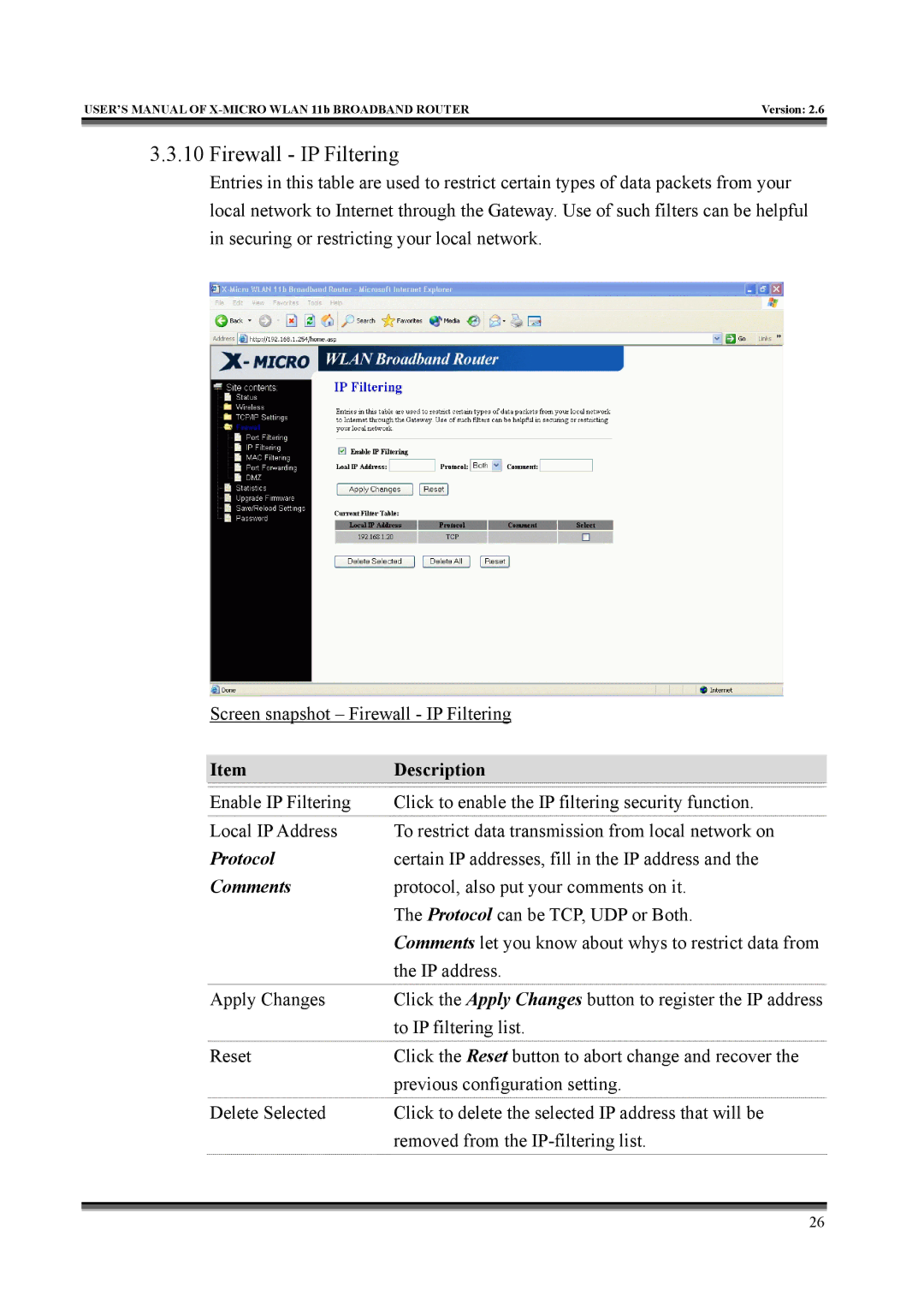 X-Micro Tech IEEE 802.11b user manual Firewall IP Filtering 