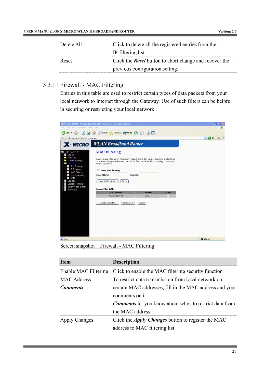 X-Micro Tech IEEE 802.11b user manual Firewall MAC Filtering 