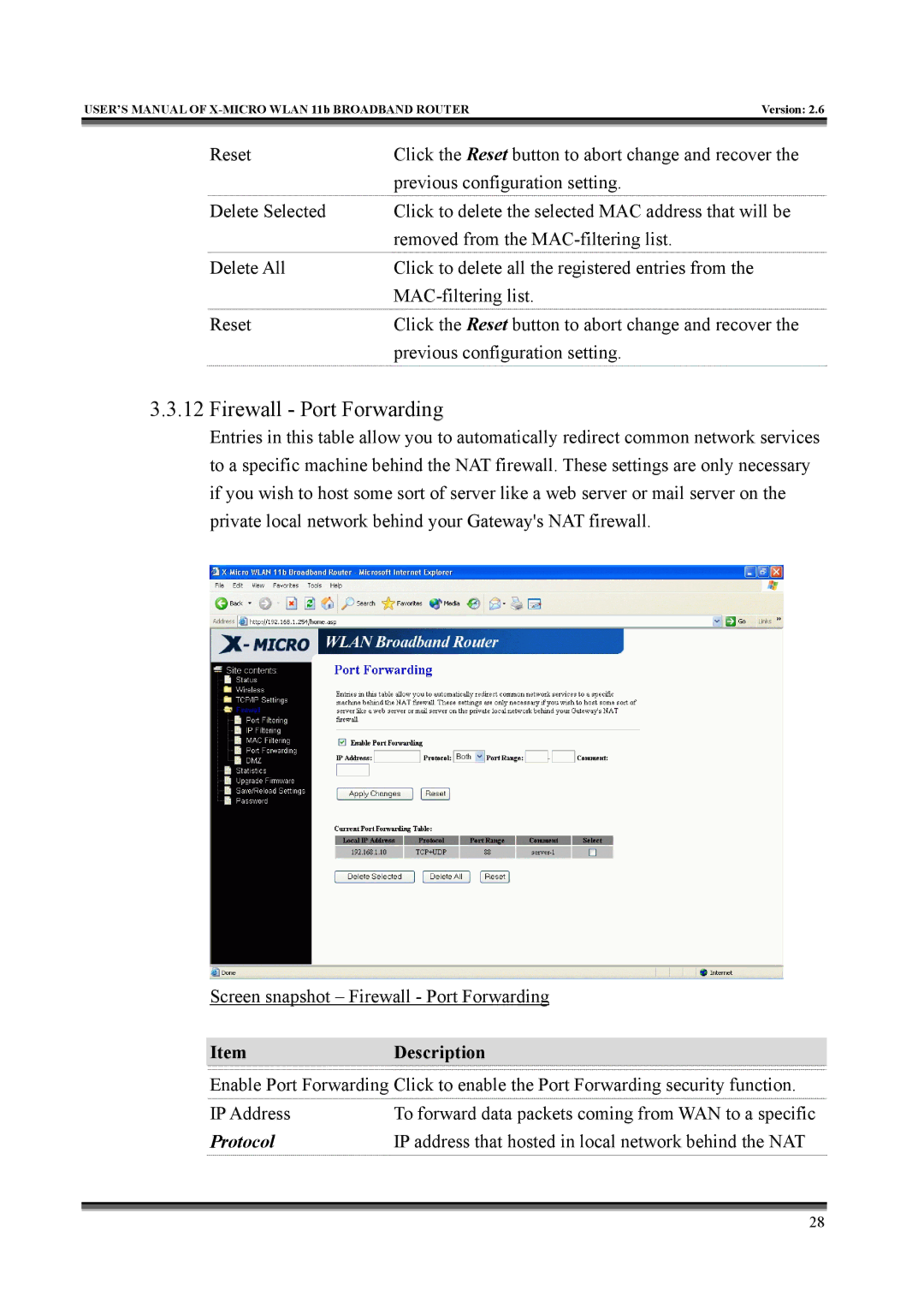 X-Micro Tech IEEE 802.11b user manual Firewall Port Forwarding 