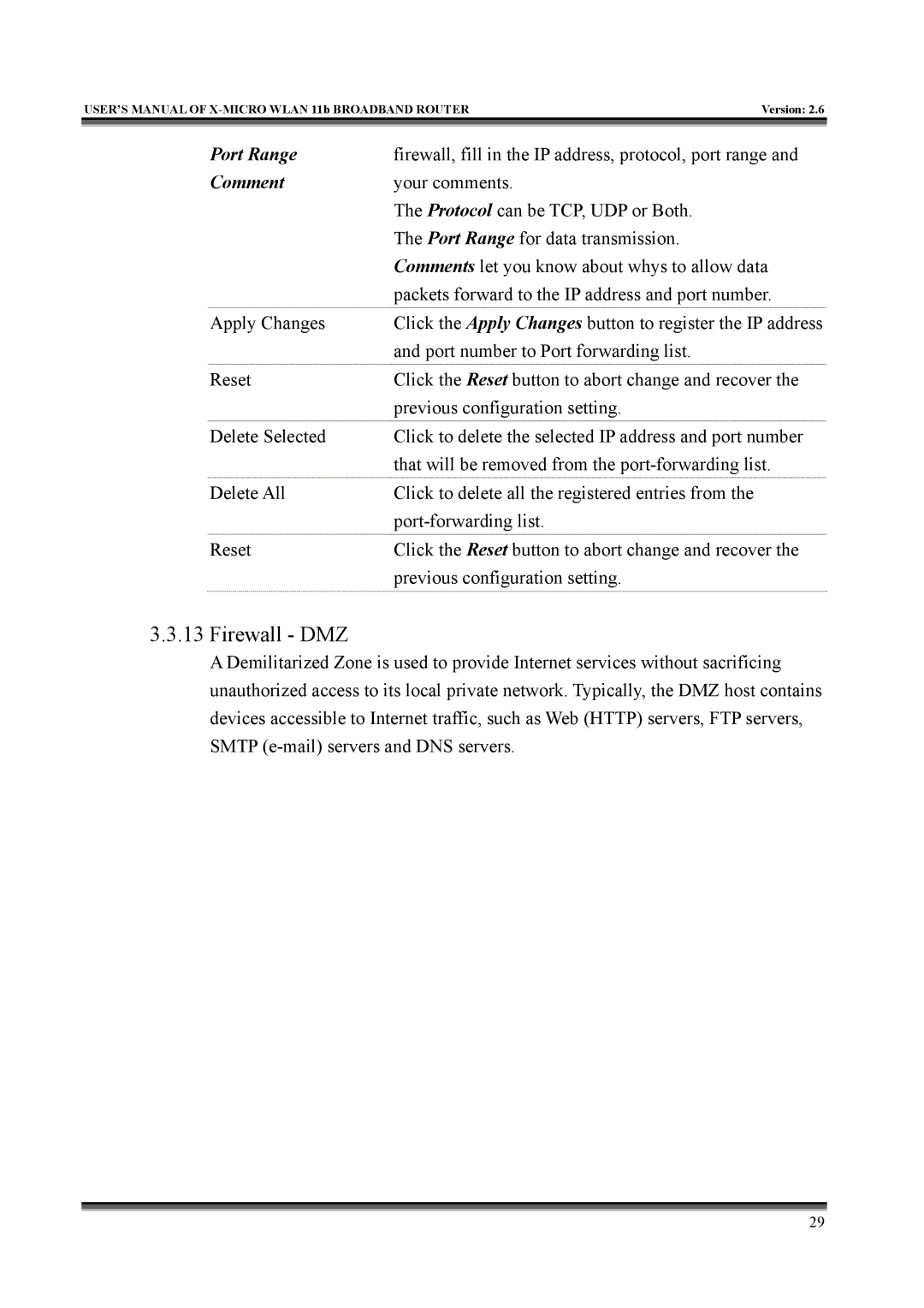 X-Micro Tech IEEE 802.11b user manual Firewall DMZ, Port Range, Comment 