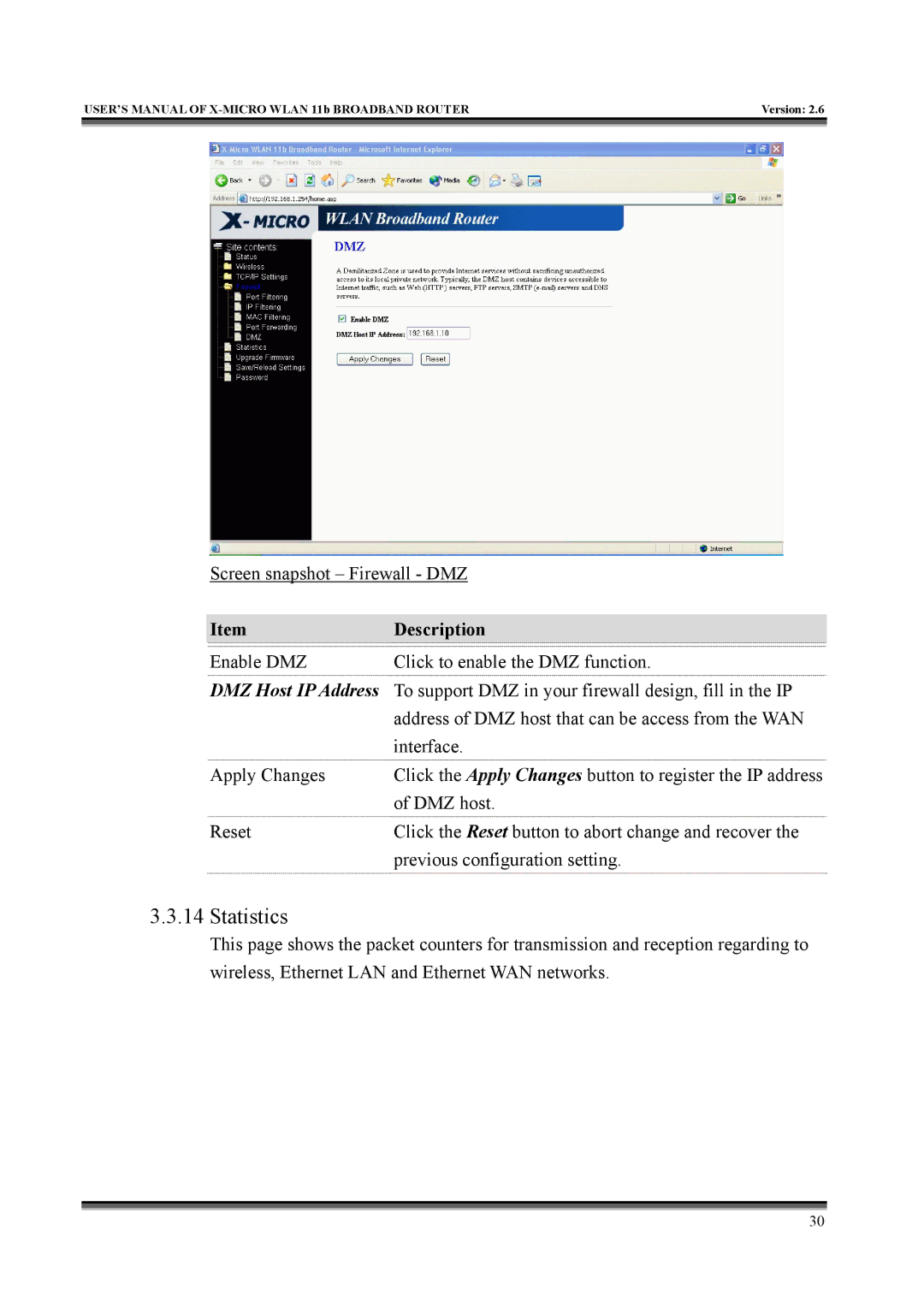 X-Micro Tech IEEE 802.11b user manual Statistics, DMZ Host IP Address 