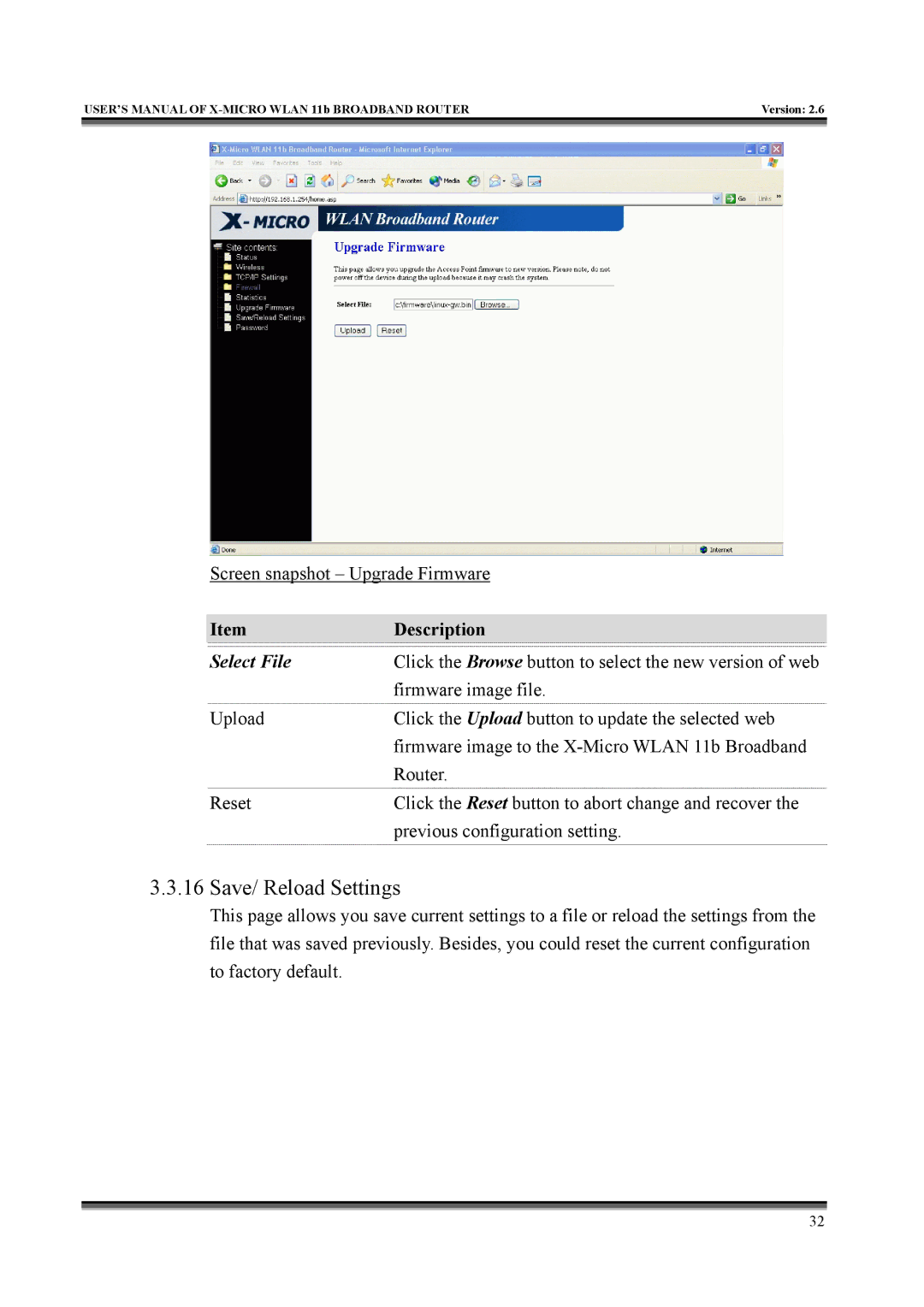 X-Micro Tech IEEE 802.11b user manual Save/ Reload Settings, Select File 