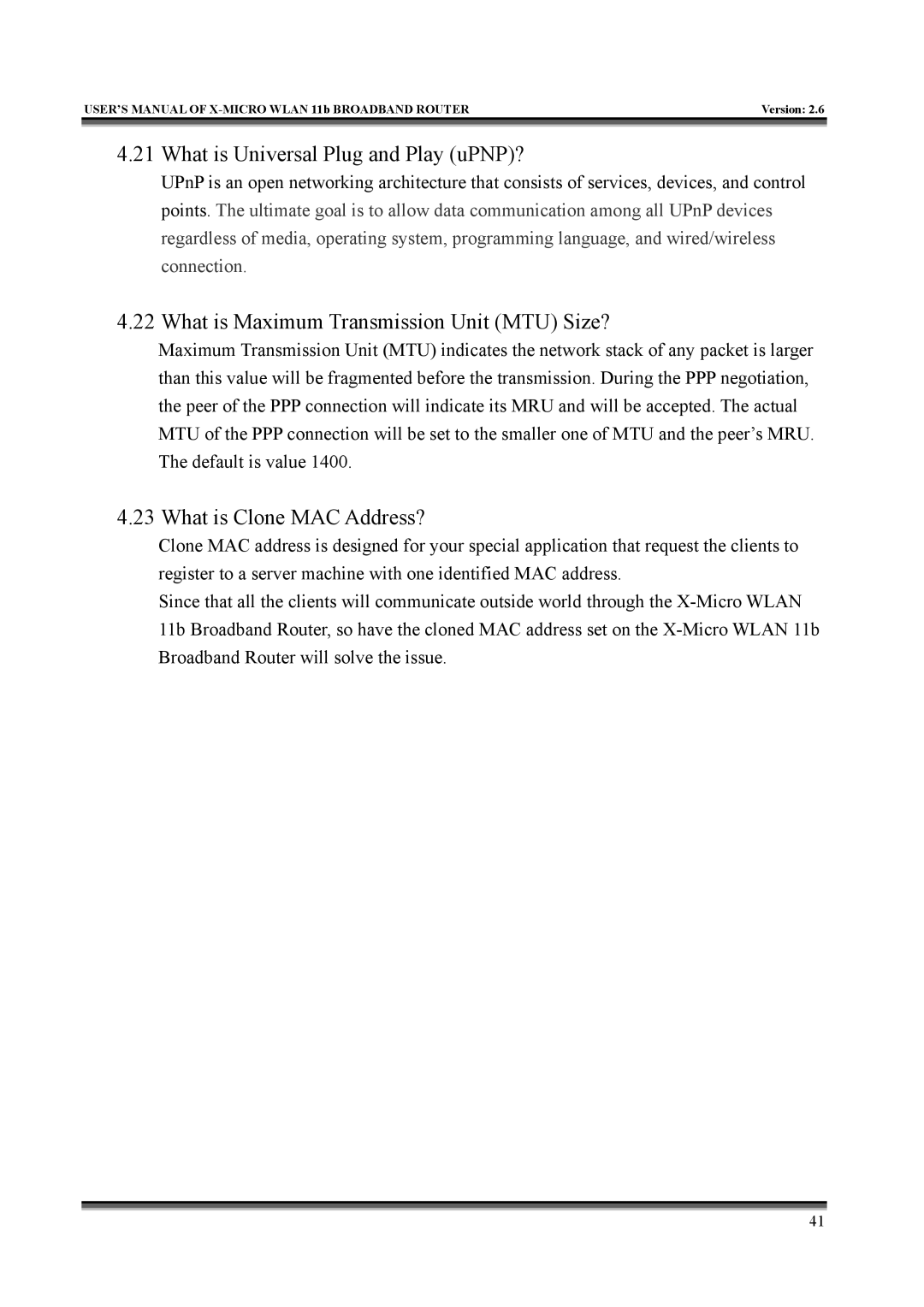 X-Micro Tech IEEE 802.11b user manual What is Universal Plug and Play uPNP?, What is Maximum Transmission Unit MTU Size? 