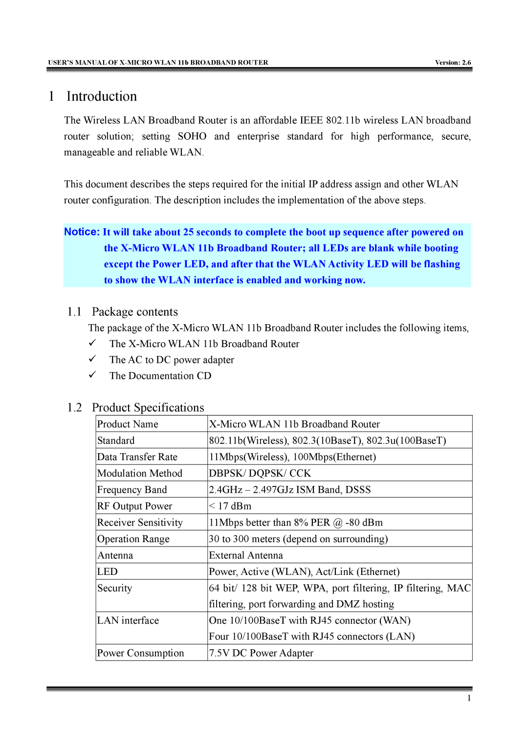 X-Micro Tech IEEE 802.11b user manual Package contents, Product Specifications 