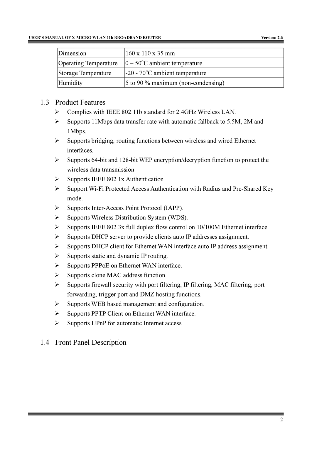 X-Micro Tech IEEE 802.11b user manual Product Features, Front Panel Description 