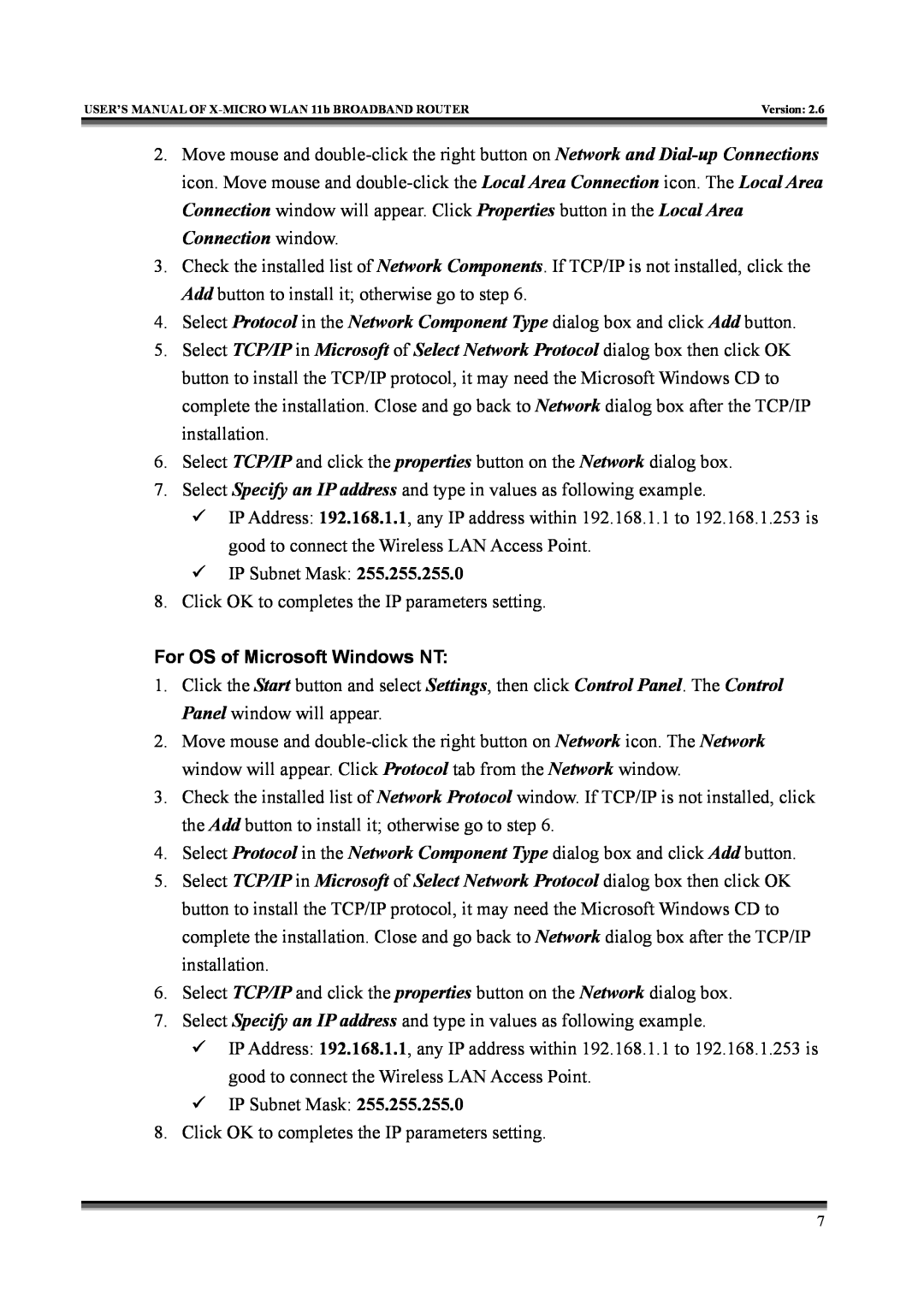 X-Micro Tech IEEE 802.11b user manual For OS of Microsoft Windows NT 