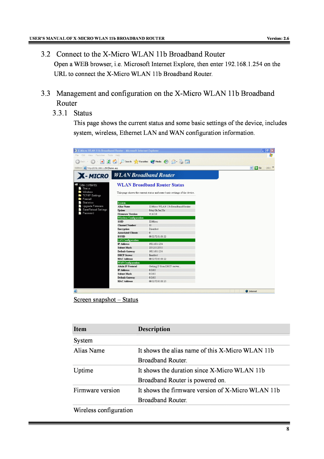 X-Micro Tech IEEE 802.11b user manual Connect to the X-Micro WLAN 11b Broadband Router, Status, Description 
