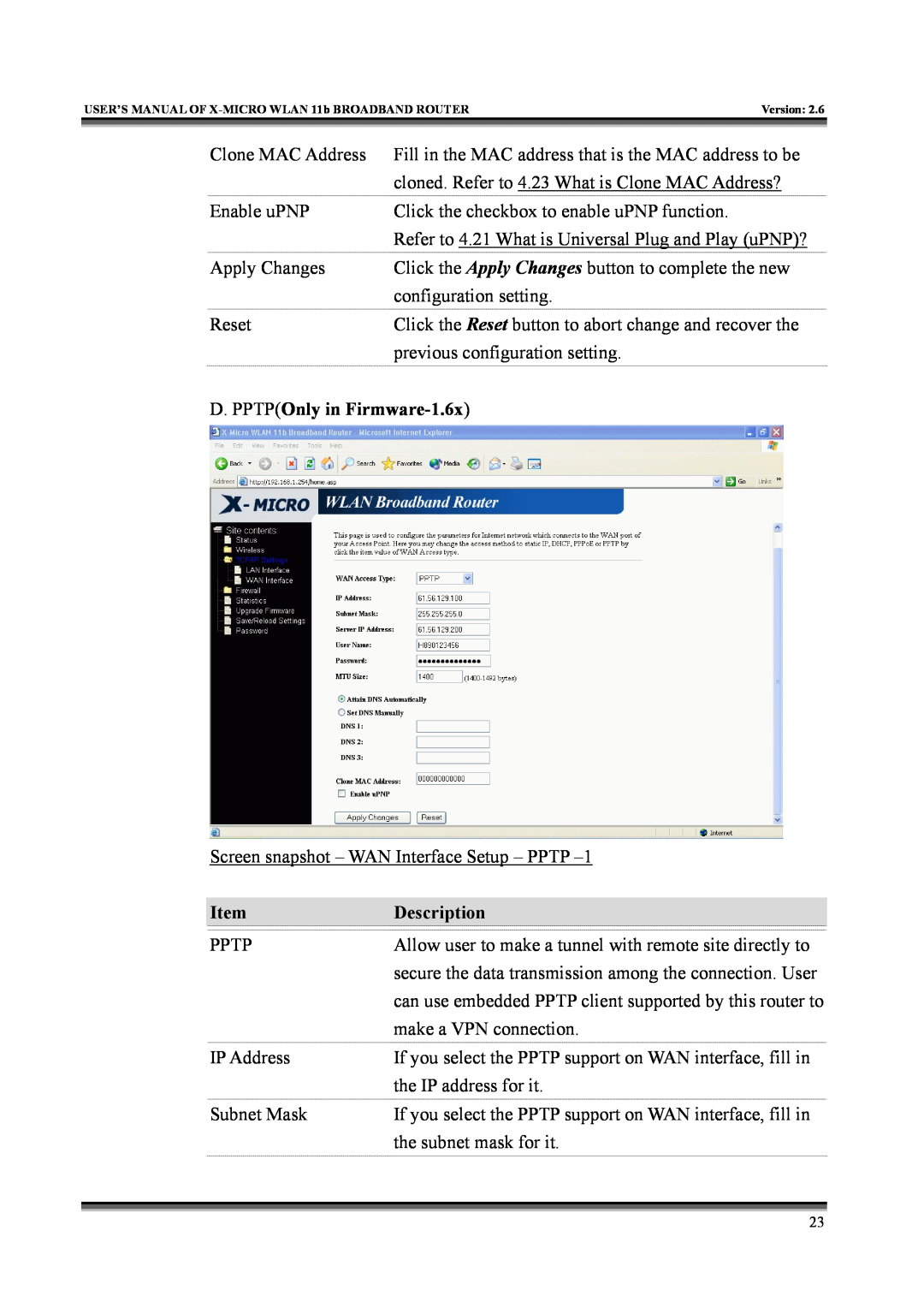 X-Micro Tech IEEE 802.11b user manual D. PPTPOnly in Firmware-1.6x, Description 