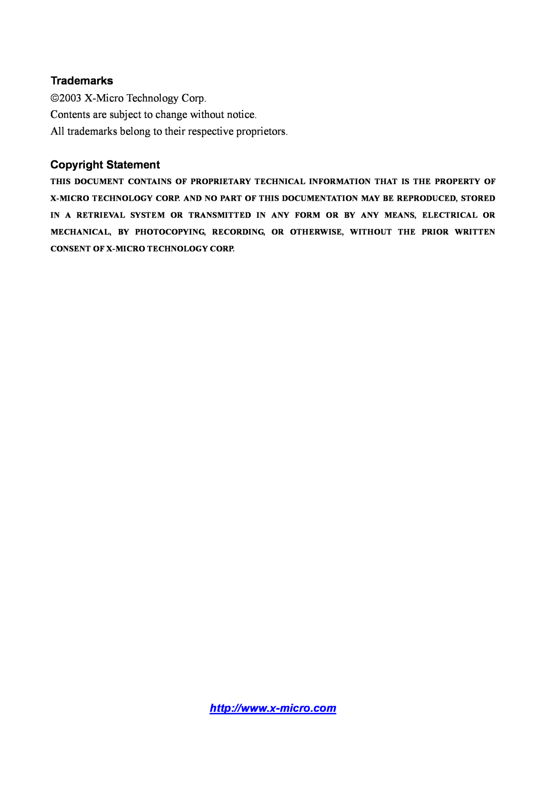 X-Micro Tech IEEE 802.11b user manual Trademarks, Copyright Statement, 2003 X-Micro Technology Corp 