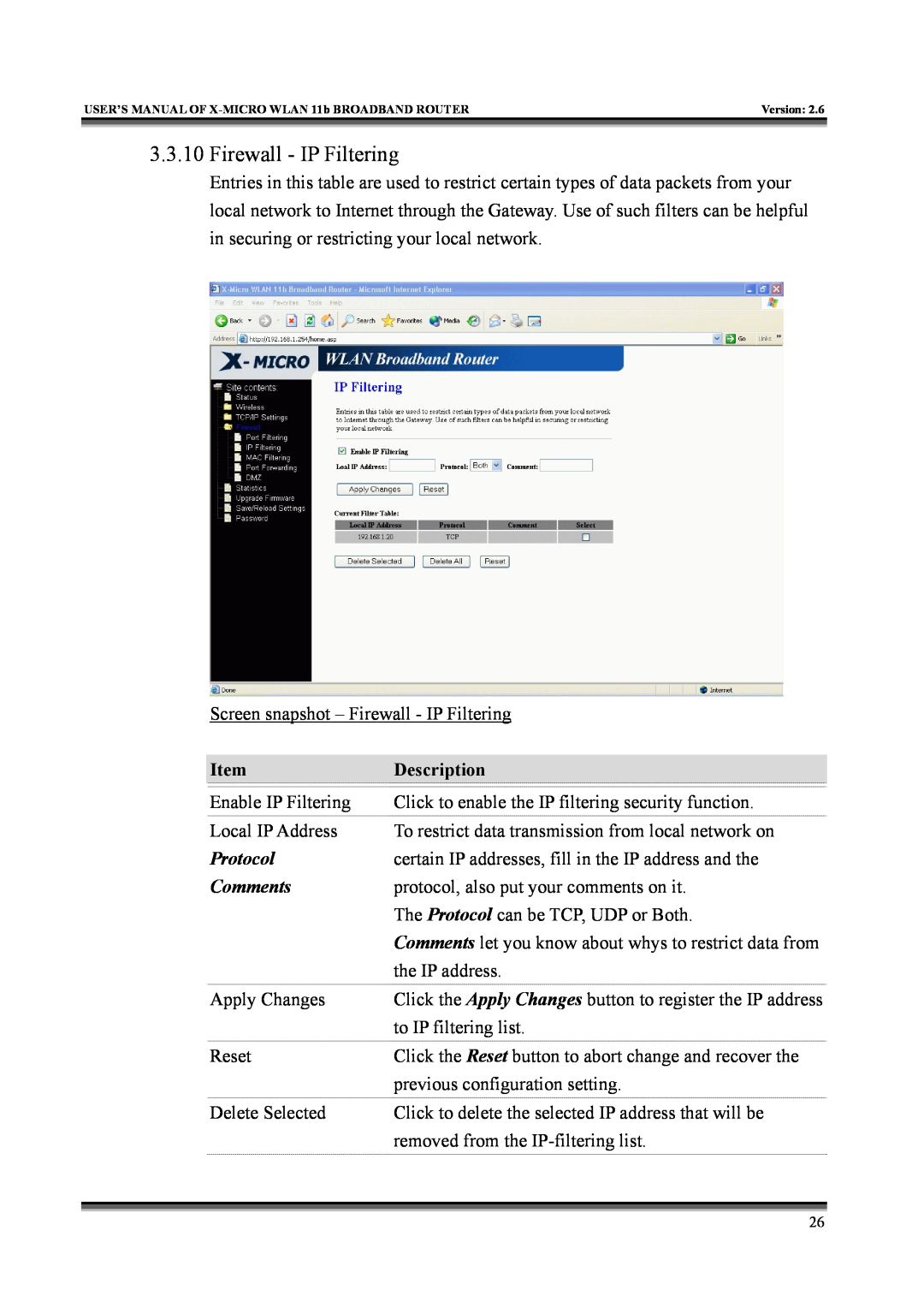 X-Micro Tech IEEE 802.11b user manual Firewall - IP Filtering, Description 
