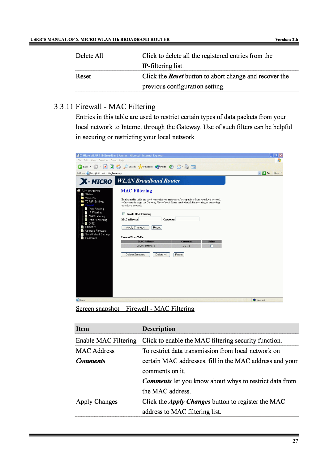 X-Micro Tech IEEE 802.11b user manual Firewall - MAC Filtering, Description 