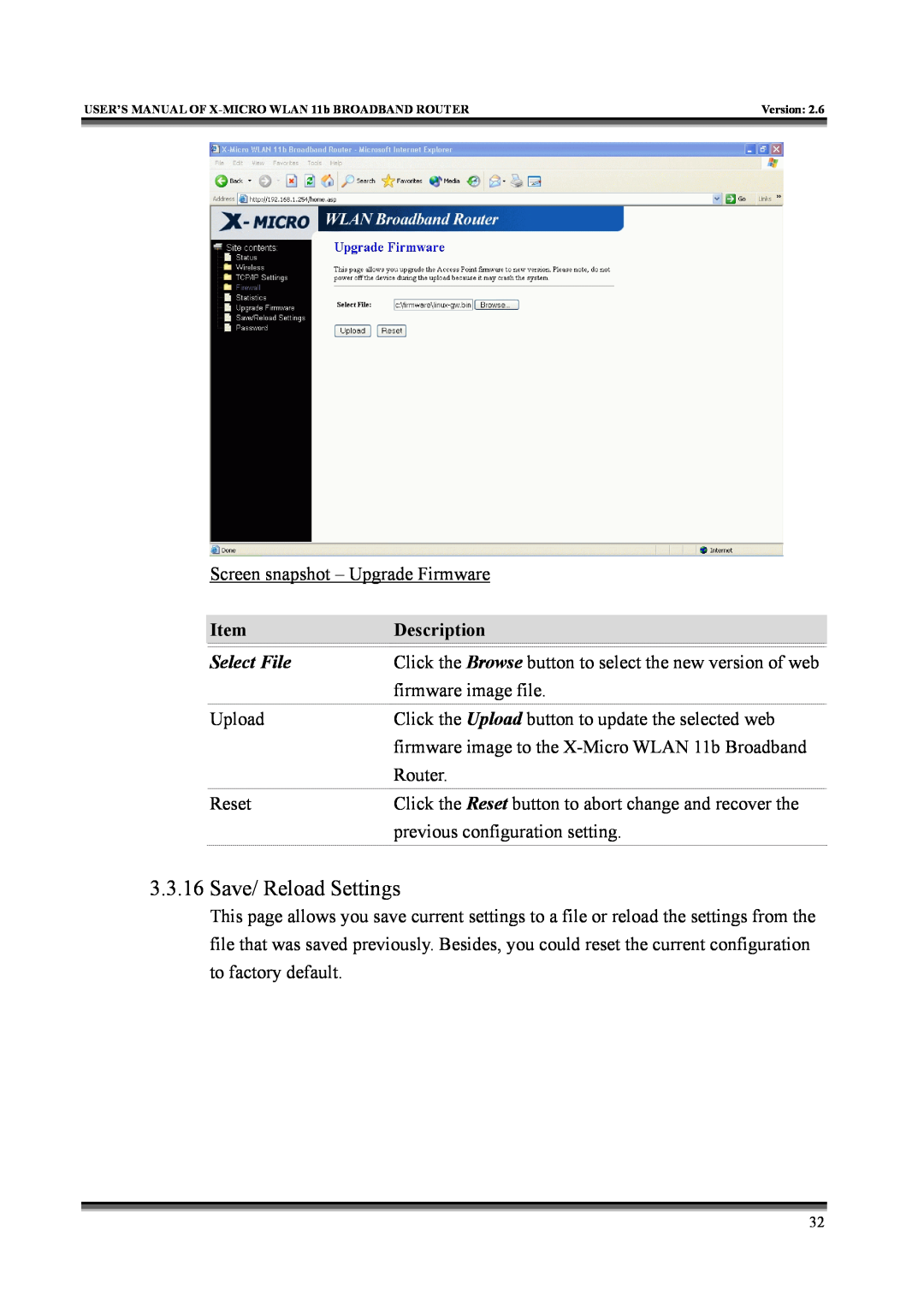 X-Micro Tech IEEE 802.11b user manual Save/ Reload Settings, Description, Select File 