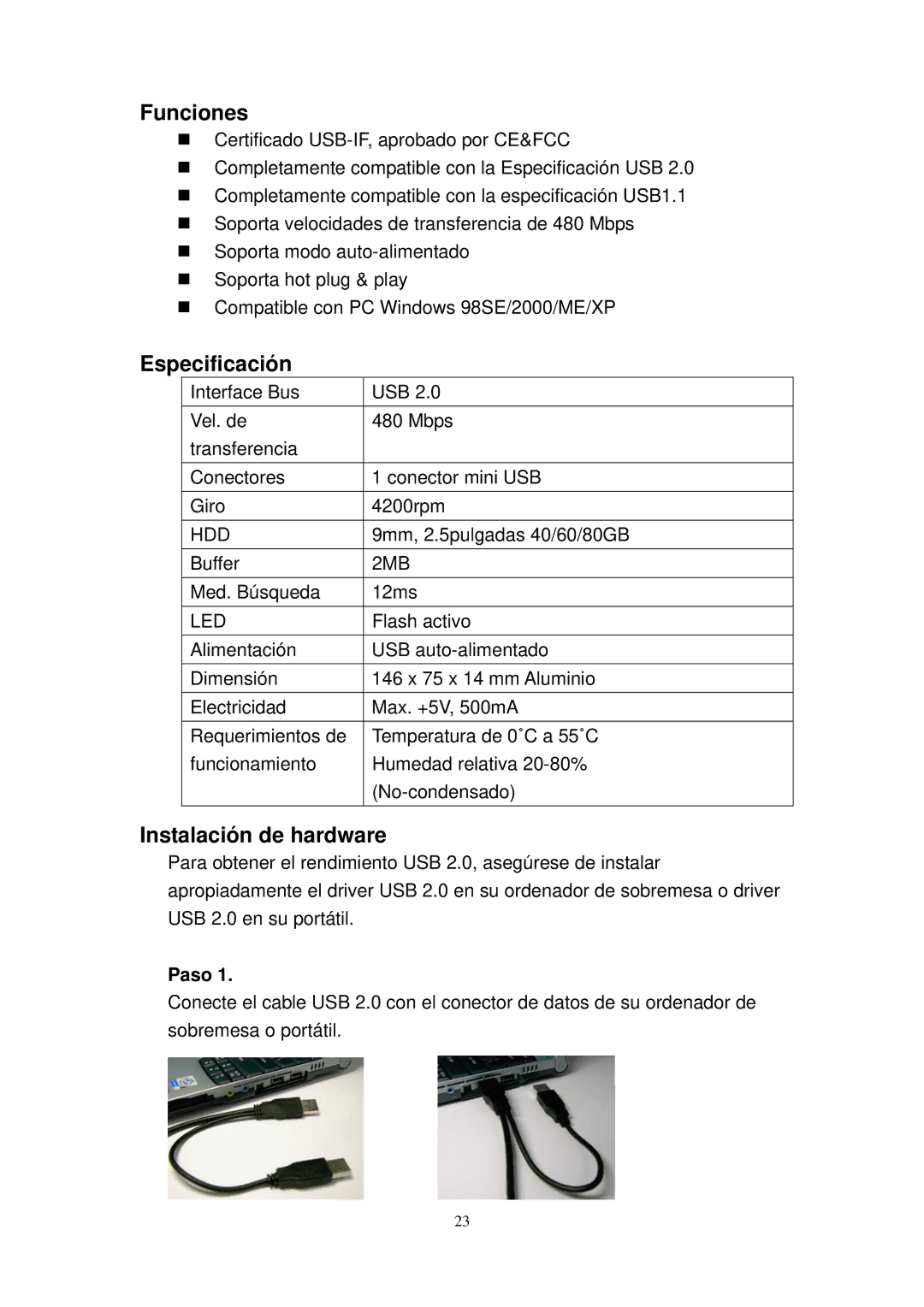 X-Micro Tech Slim Portable HDD user manual Funciones, Especificación, Instalación de hardware, Paso 