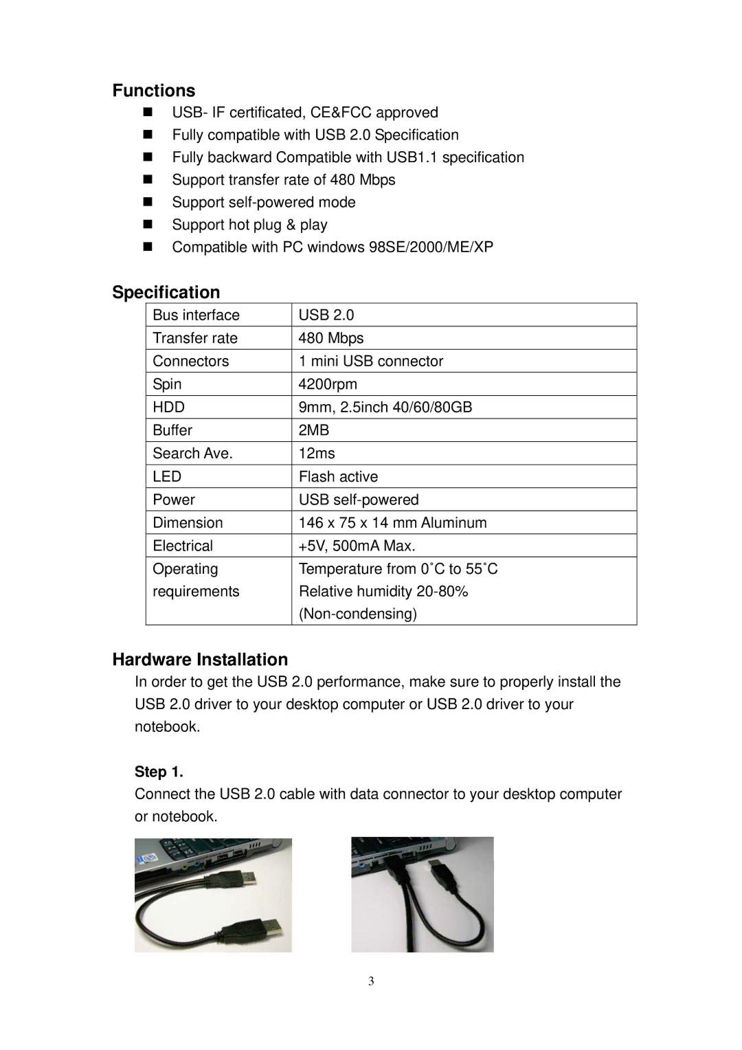 X-Micro Tech Slim Portable HDD user manual Functions, Specification, Hardware Installation, Step 