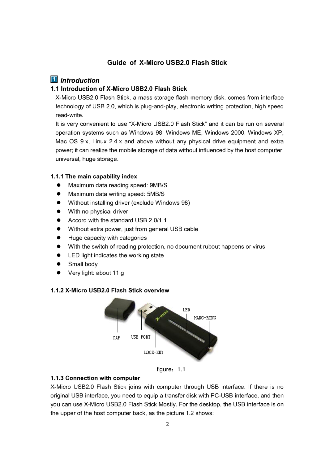 X-Micro Tech Introduction of X-Micro USB2.0 Flash Stick, Main capability index, Micro USB2.0 Flash Stick overview 