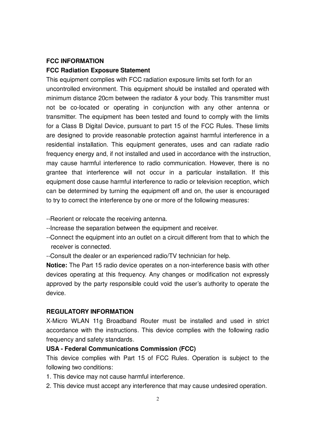 X-Micro Tech WLAN 11g Broadband Router FCC Radiation Exposure Statement, USA Federal Communications Commission FCC 