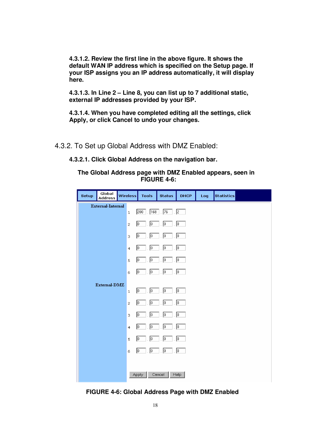 X-Micro Tech WLAN 11g user manual To Set up Global Address with DMZ Enabled, Global Address Page with DMZ Enabled 