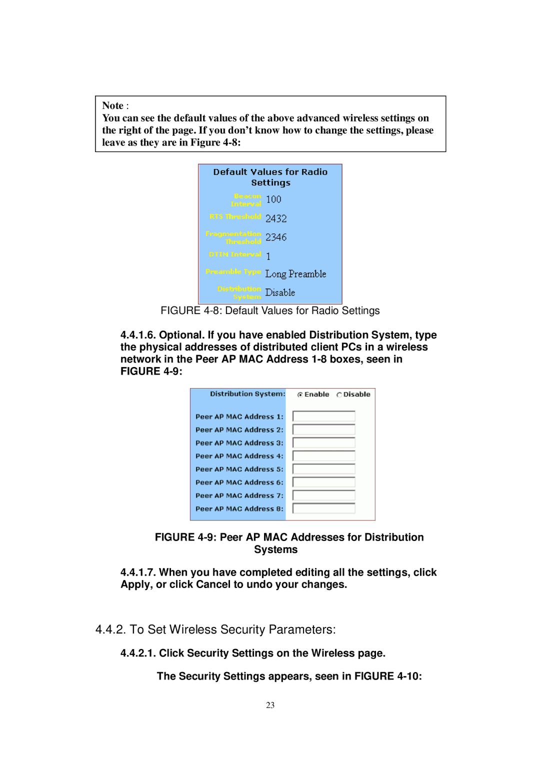 X-Micro Tech WLAN 11g user manual To Set Wireless Security Parameters, Default Values for Radio Settings 