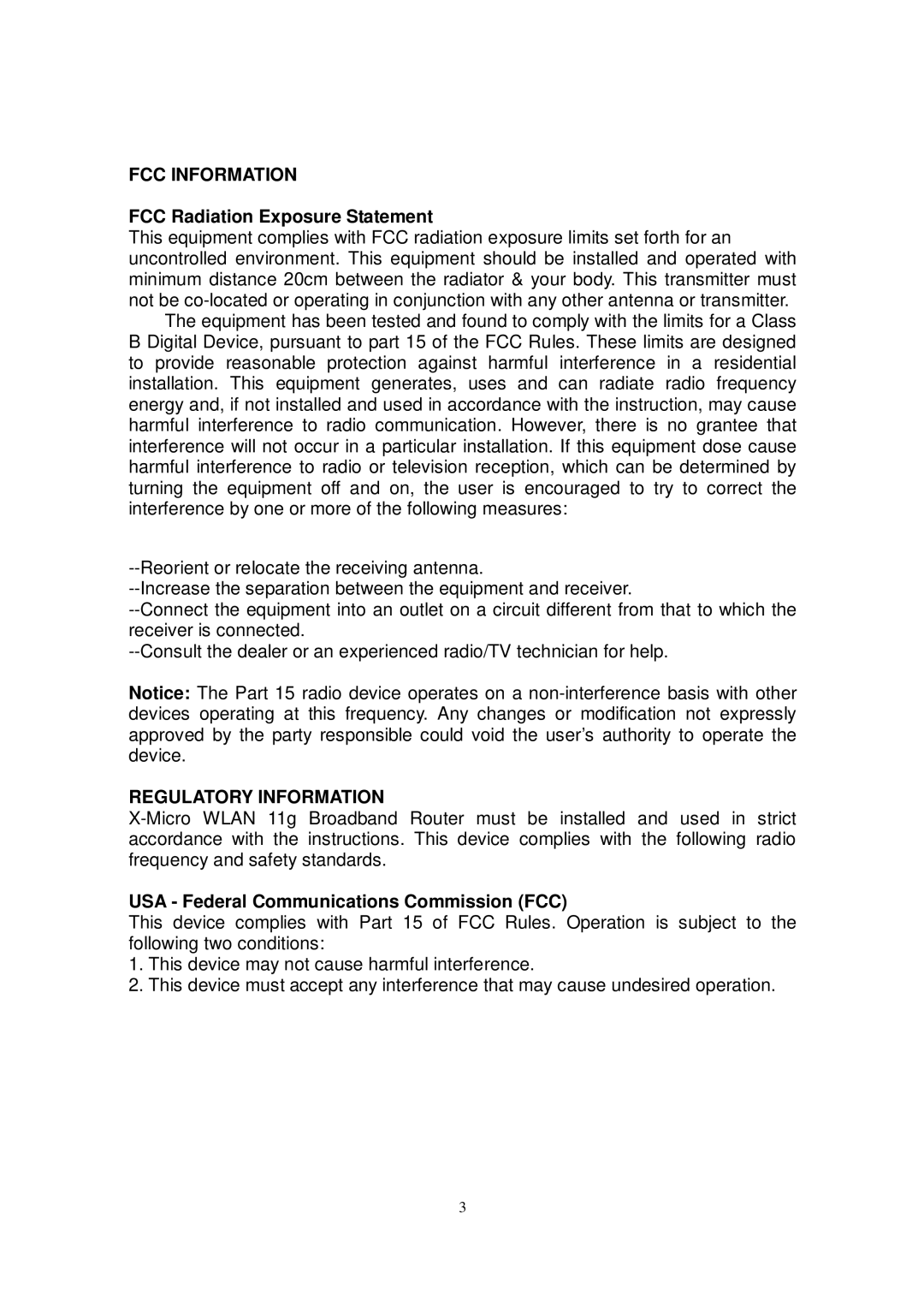 X-Micro Tech WLAN 11g user manual FCC Radiation Exposure Statement, USA Federal Communications Commission FCC 