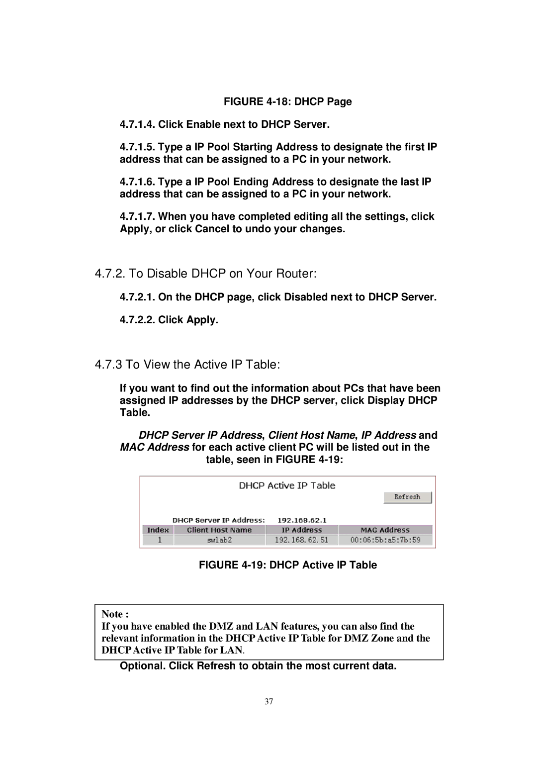 X-Micro Tech WLAN 11g user manual To Disable Dhcp on Your Router, To View the Active IP Table, Table, seen in Figure 