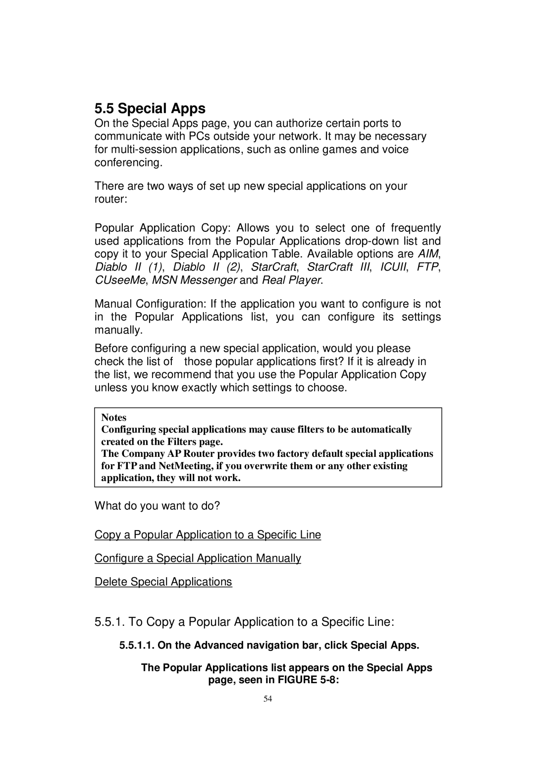 X-Micro Tech WLAN 11g user manual Special Apps, To Copy a Popular Application to a Specific Line 