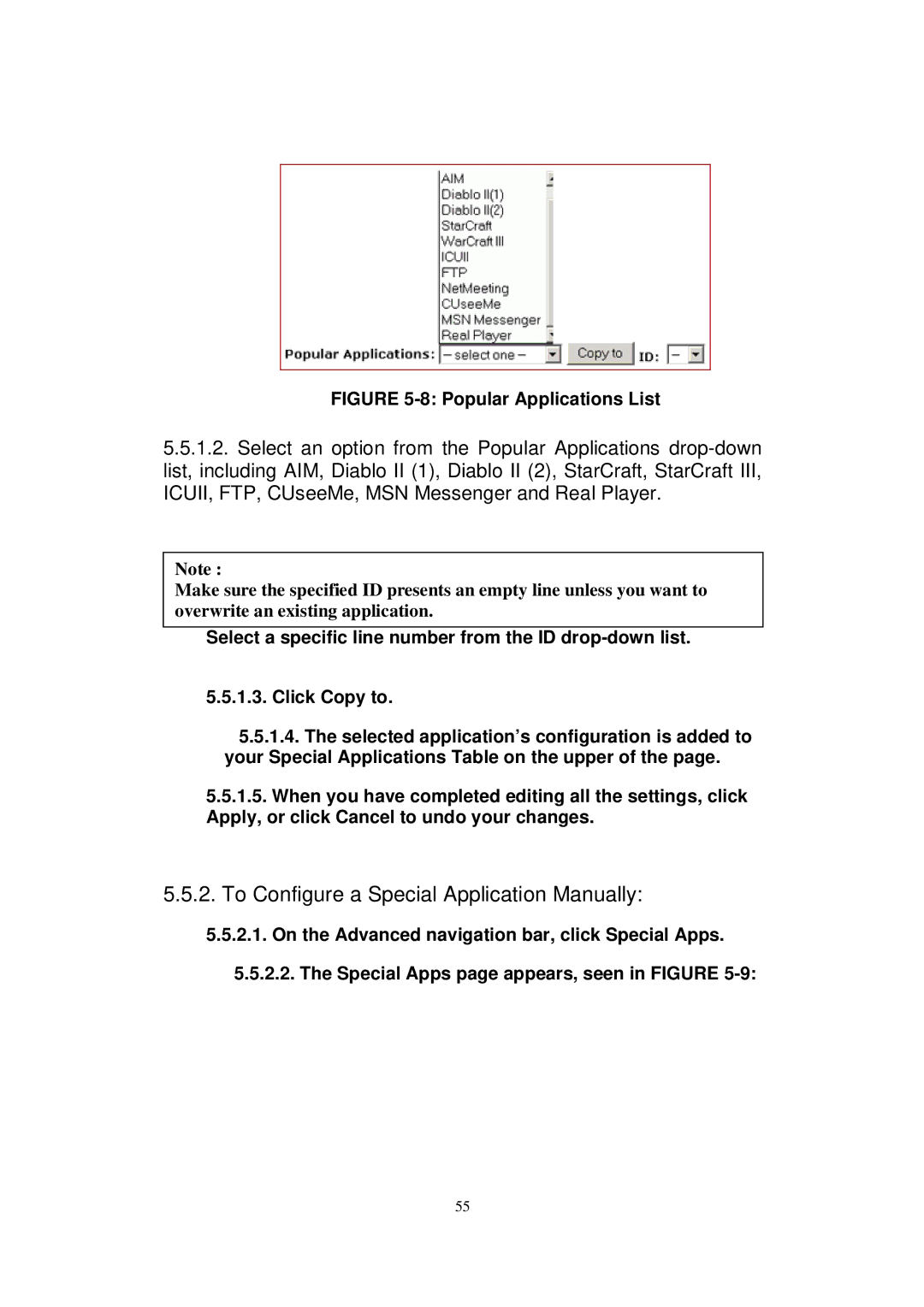 X-Micro Tech WLAN 11g user manual To Configure a Special Application Manually, Popular Applications List 