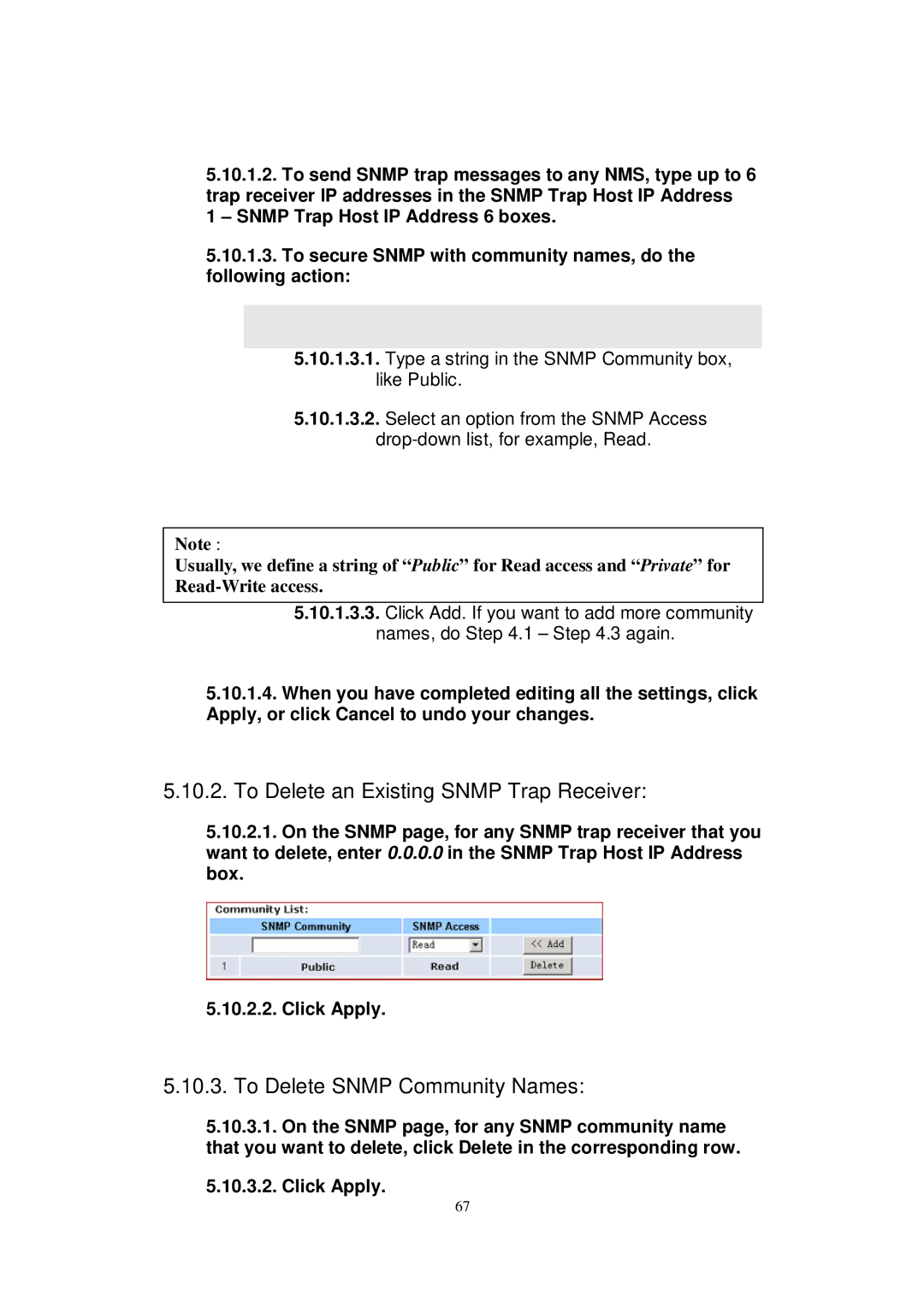 X-Micro Tech WLAN 11g user manual To Delete an Existing Snmp Trap Receiver, To Delete Snmp Community Names 