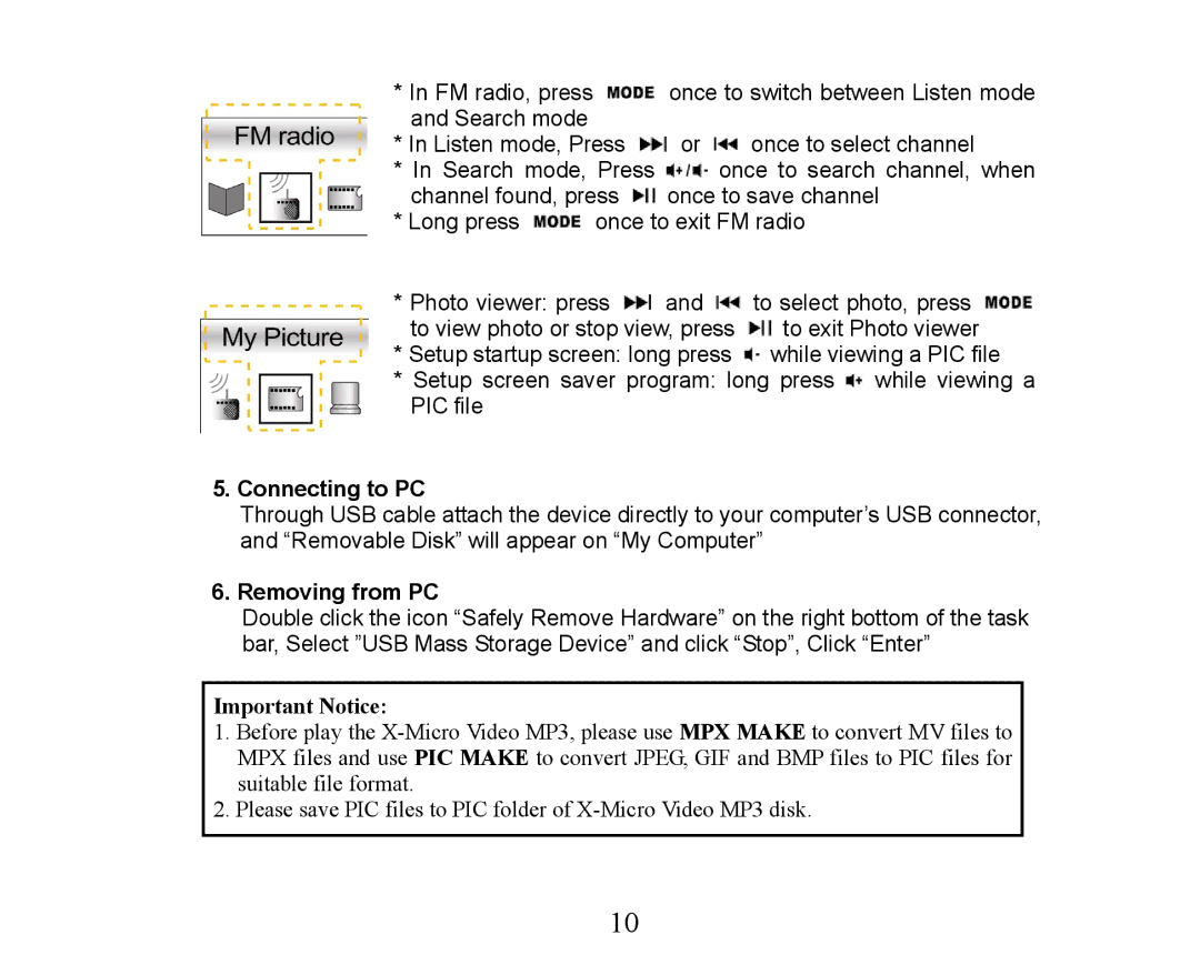 X-Micro Tech XMP3-M256F manual Connecting to PC, Removing from PC, Important Notice 