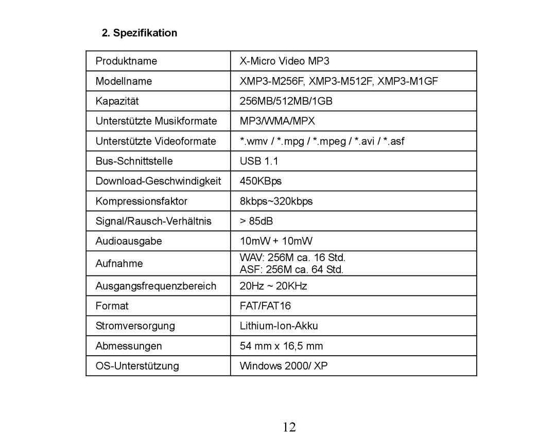 X-Micro Tech XMP3-M256F manual Spezifikation 